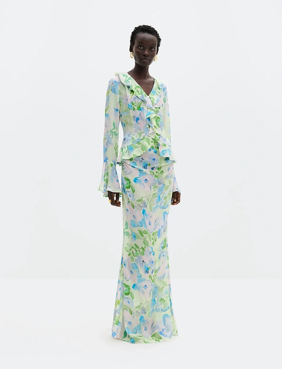 Malina - Laurel Ruched Chiffon Maxi Skirt - maxi skirts - pastel floral pistachio - 4
