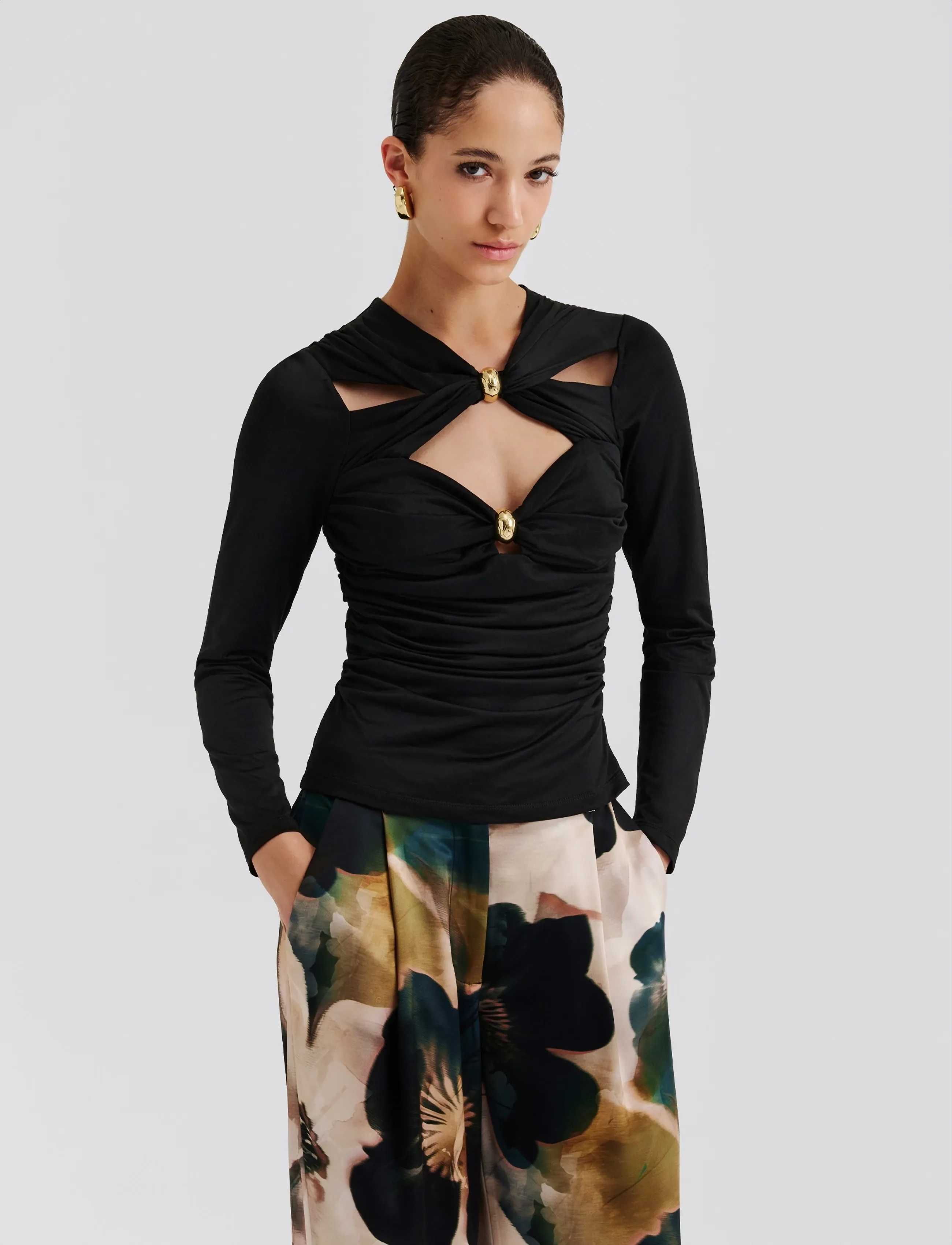 Malina Amela Embellished Long Sleeve Jersey Top - T-Shirts & Tops - BLACK / black