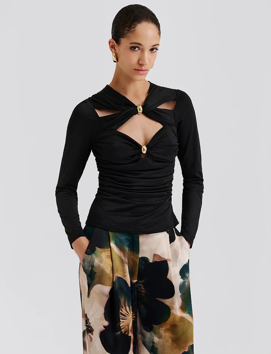 Malina - Amela Embellished Long Sleeve Jersey Top - pikkade varrukatega alussärgid - black - 0