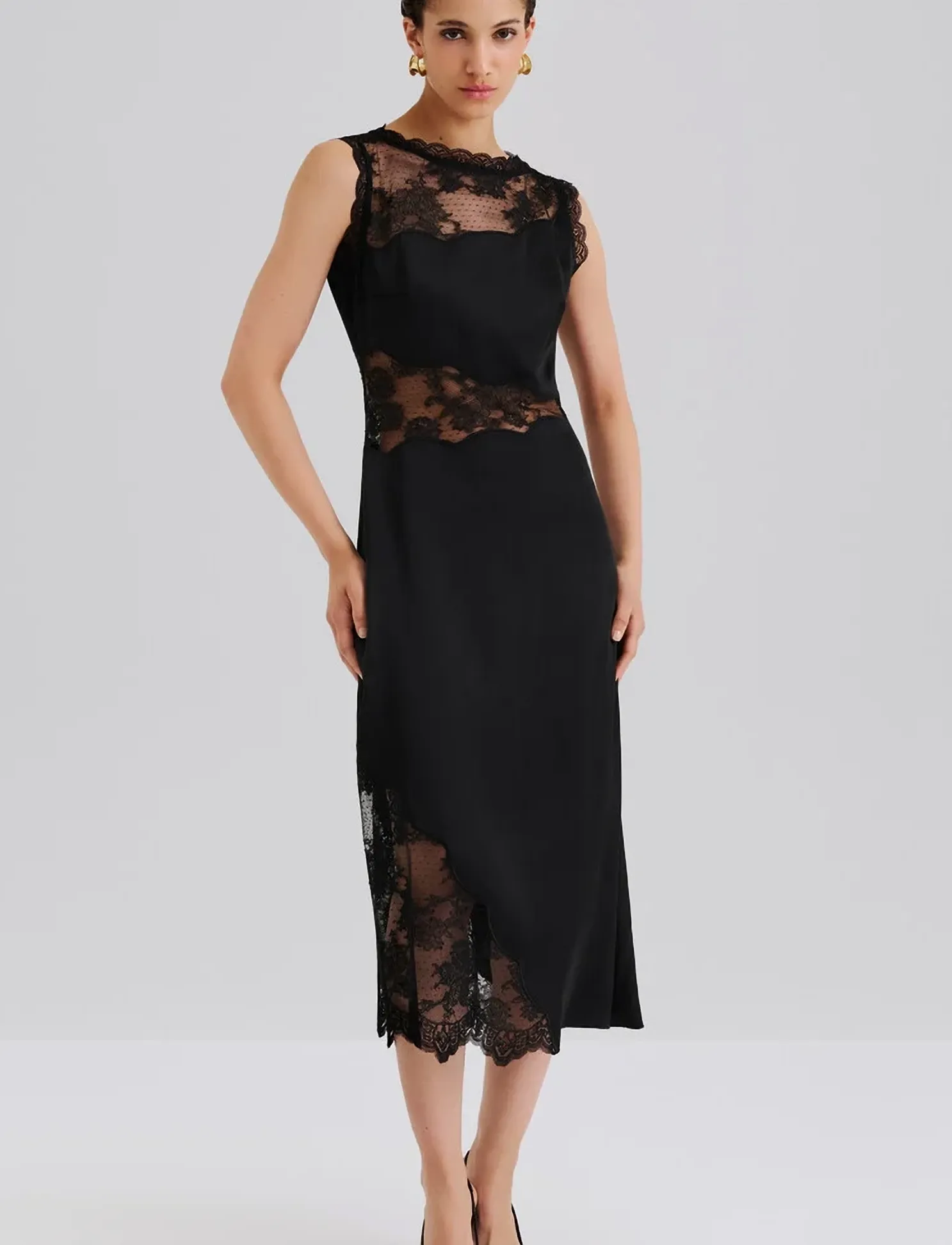 Malina - Desire Lace Trimmed Cut Out Midi Dress - cocktailklänningar - black - 4