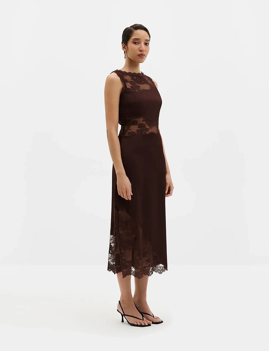 Malina - Desire Lace Trimmed Cut Out Midi Dress - cocktailkjoler - espresso - 0