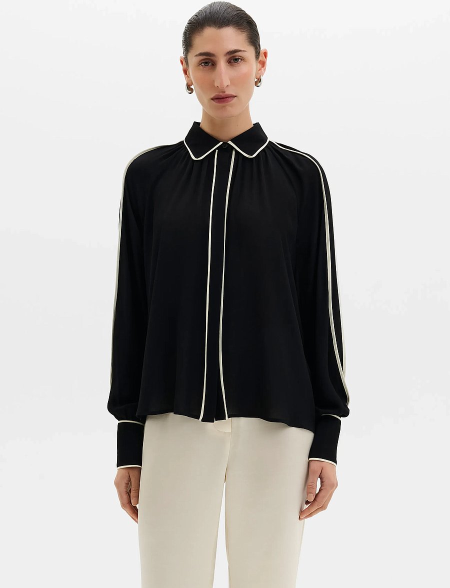 Malina - Bea Contrast Edge Chiffon Blouse - langärmelige blusen - black - 0
