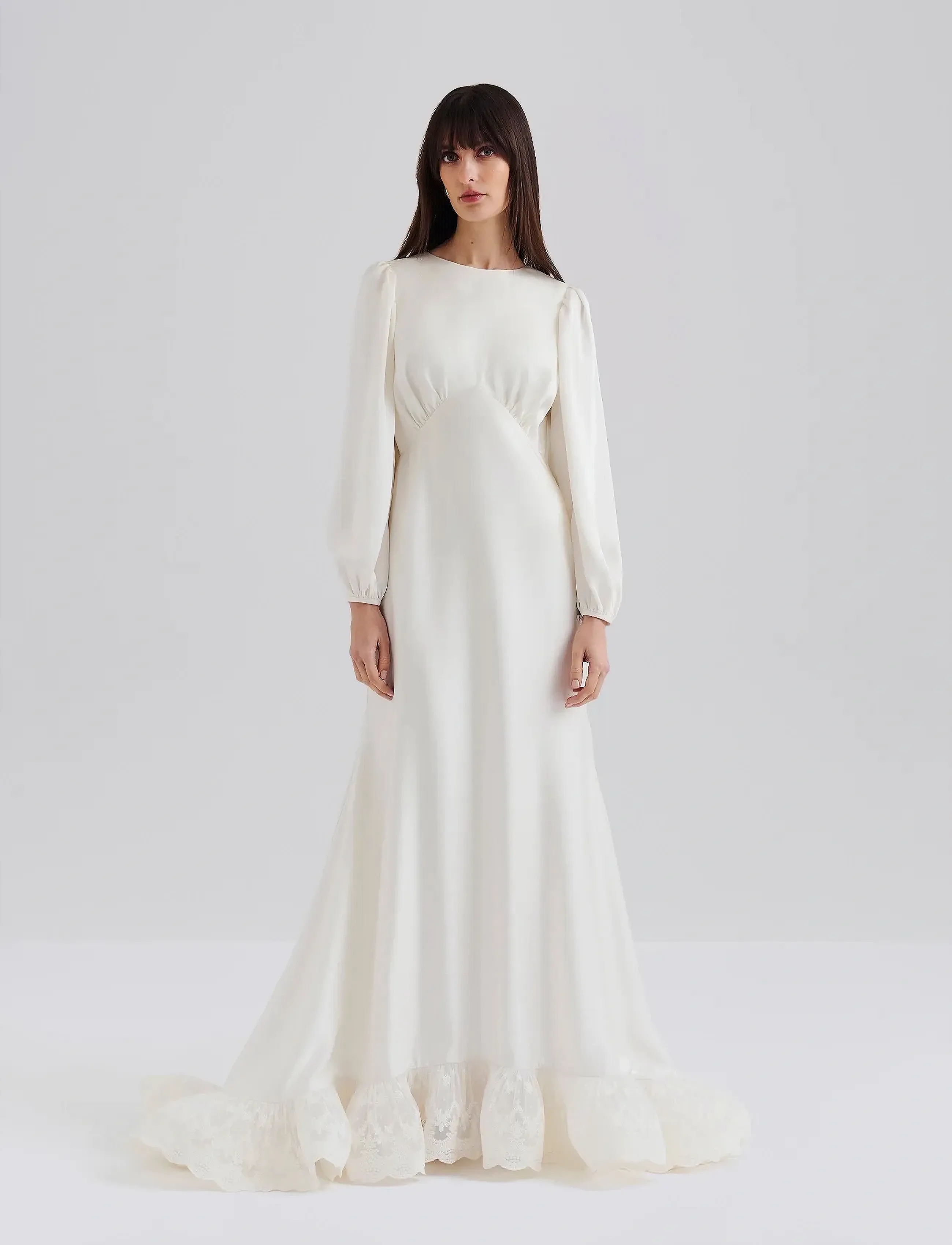 Malina Emily Long Sleeve Lace Ruffled Bridal Gown, 40, Cream, Designere > Bridal Dresses, Dame