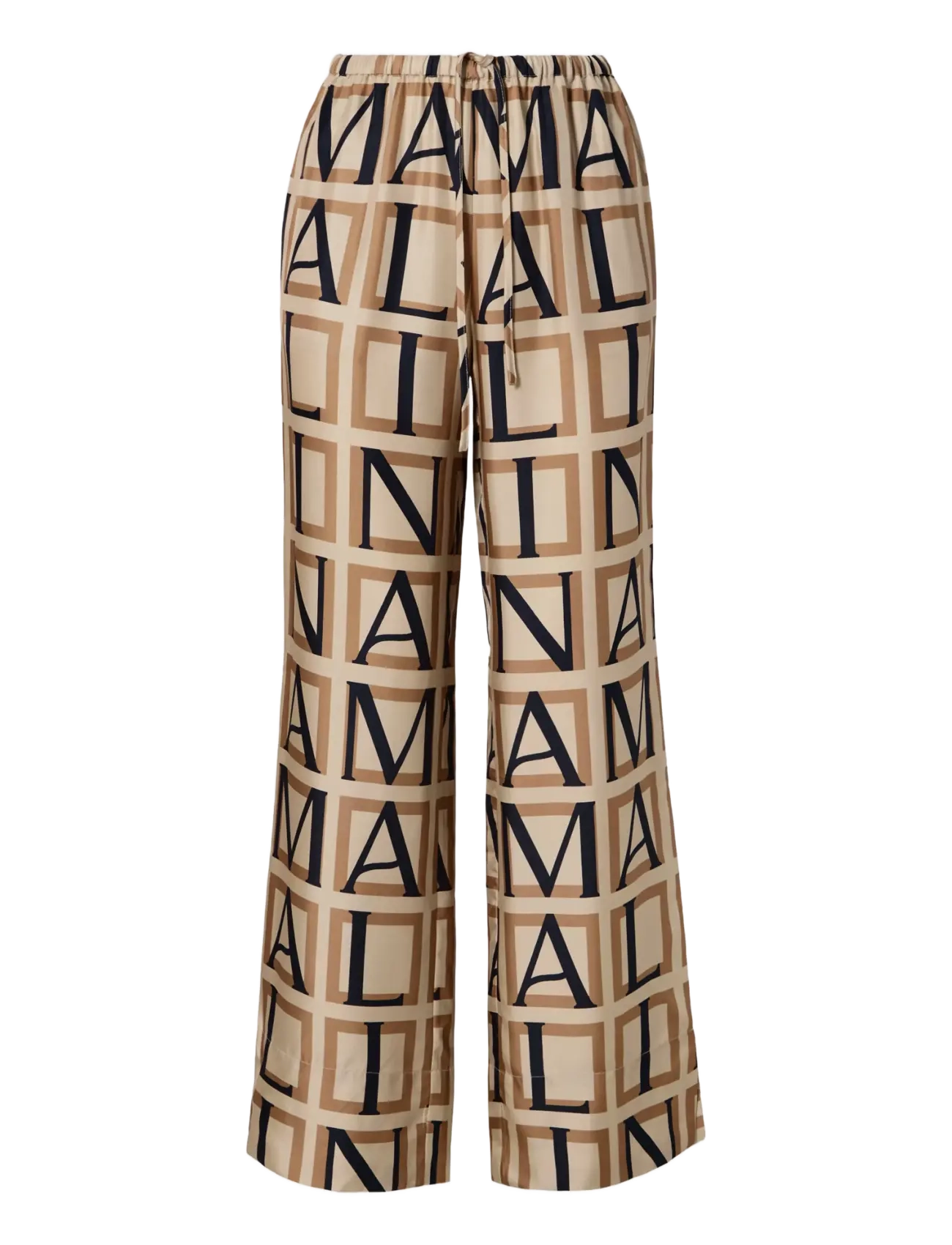 Malina - Olga Drawstring Silk Pants - raka byxor - monogram camel - 1
