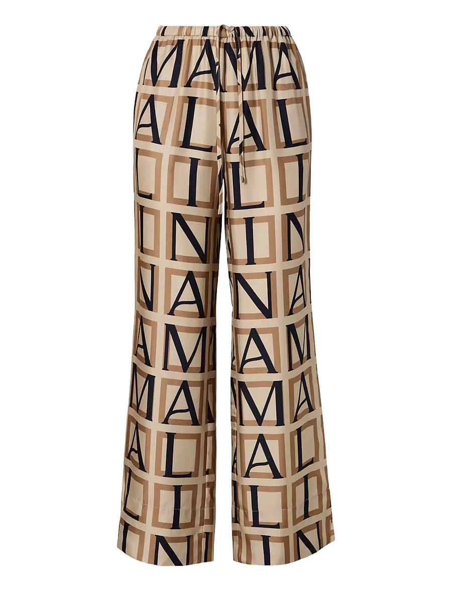 Malina - Olga Drawstring Silk Pants - raka byxor - monogram camel - 1