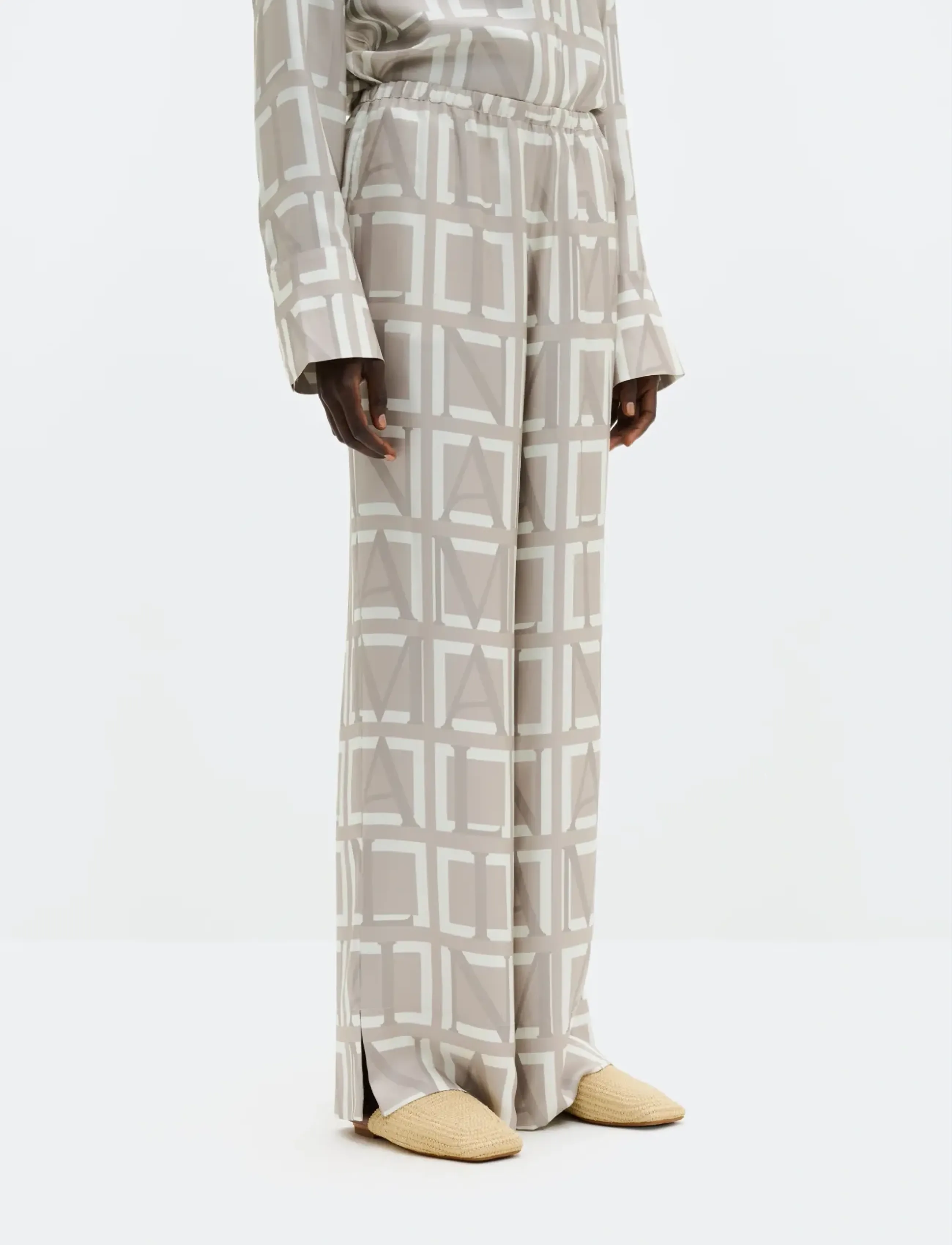 Malina Olga Drawstring Silk Pants - Straight leg hosen - MONOGRAM TAUPE / grey
