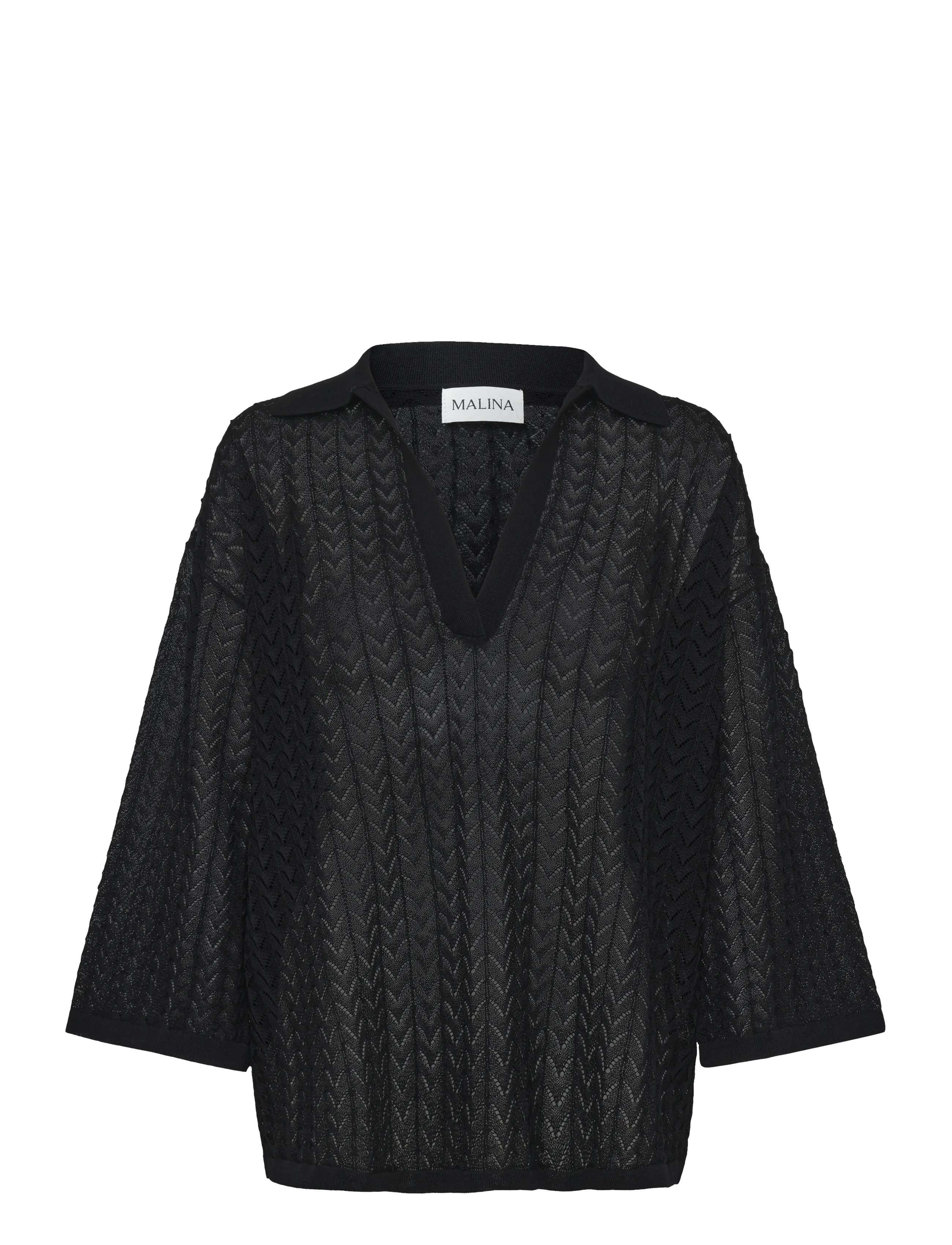 Malina Imene Pointelle Knitted Polo Shirt - Knitwear - BLACK / black