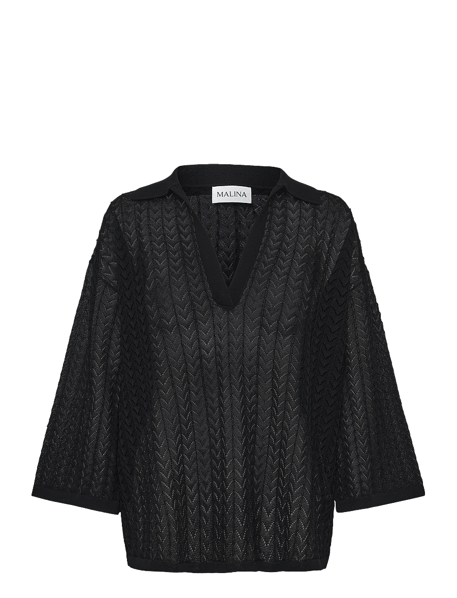 Malina - Imene Pointelle Knitted Polo Shirt - stickade tröjor - black - 0