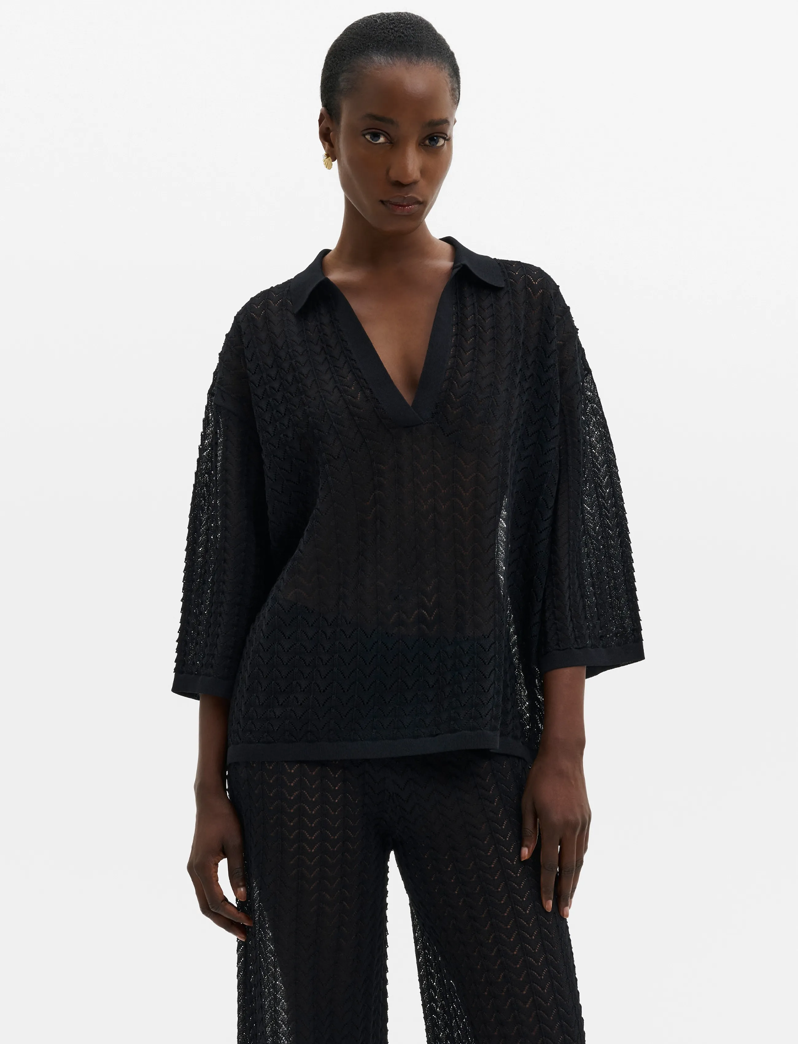 Malina - Imene Pointelle Knitted Polo Shirt - pullover - black - 0