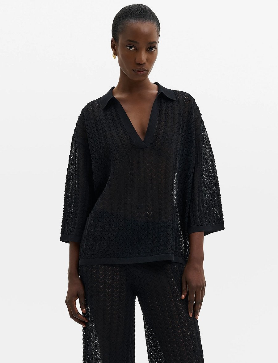 Malina - Imene Pointelle Knitted Polo Shirt - pullover - black - 0