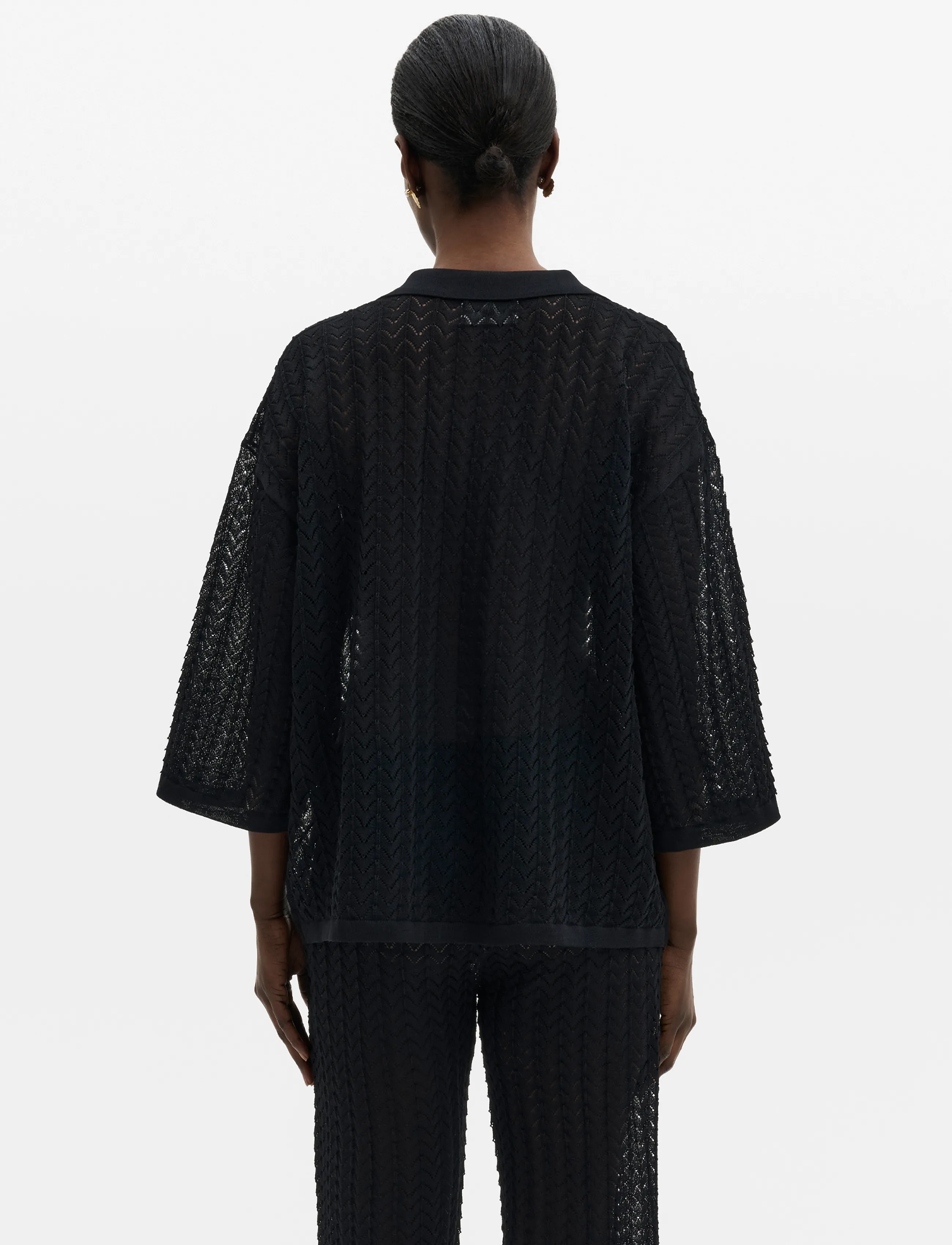 Malina - Imene Pointelle Knitted Polo Shirt - pullover - black - 3