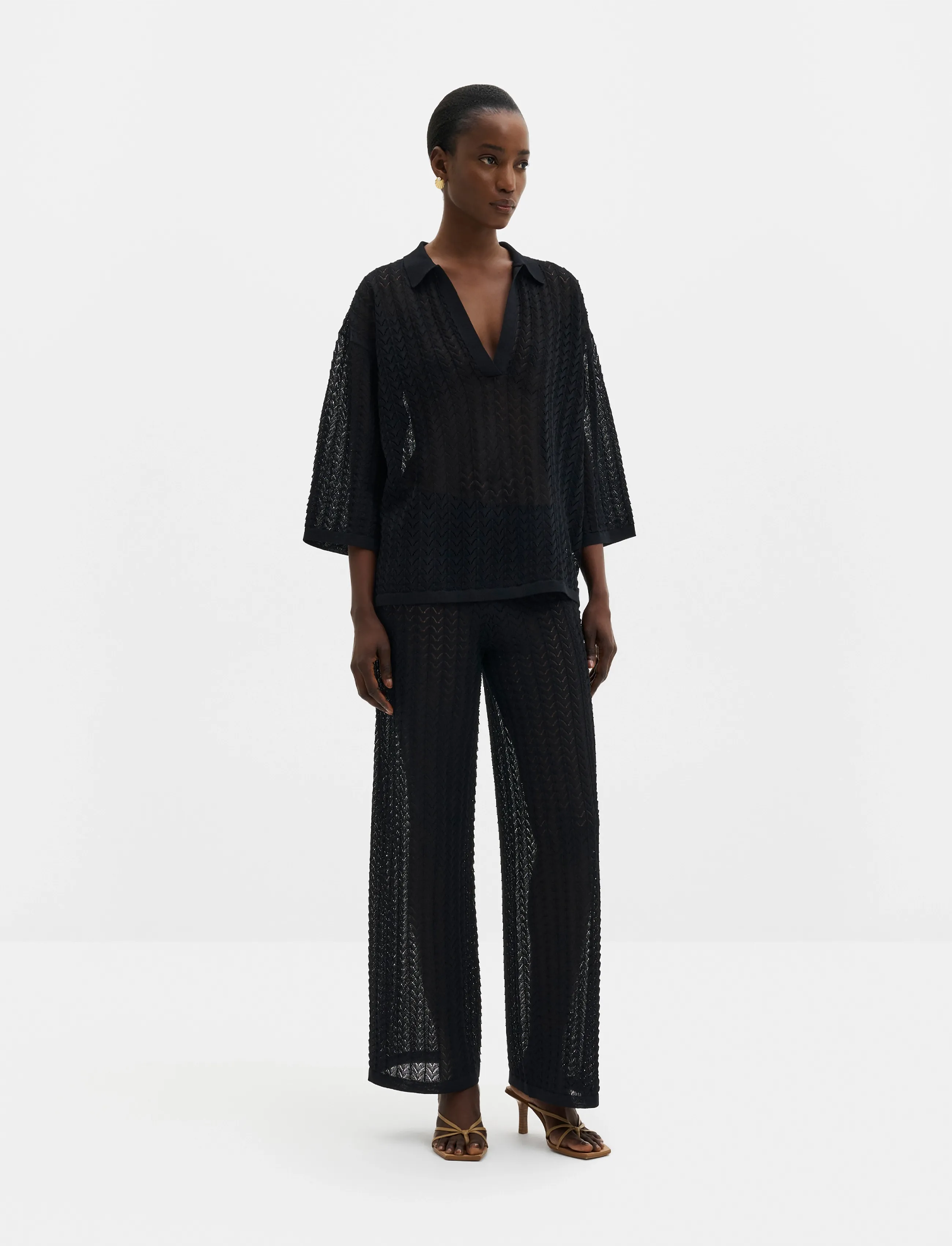 Malina - Imene Pointelle Knitted Polo Shirt - pullover - black - 5