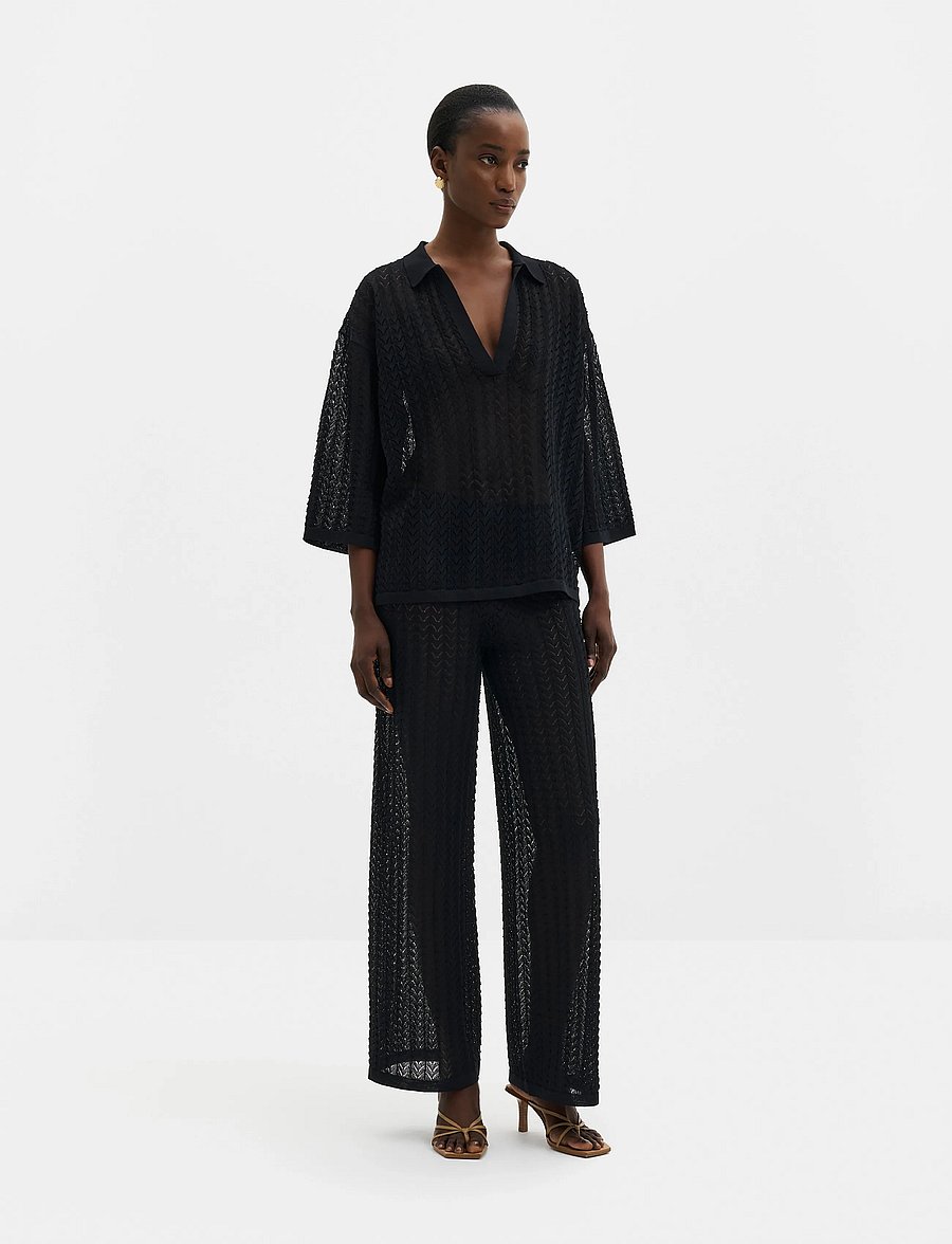 Malina - Imene Pointelle Knitted Polo Shirt - pullover - black - 5