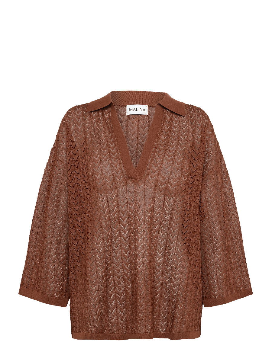 Malina - Imene Pointelle Knitted Polo Shirt - stickade tröjor - rust - 0