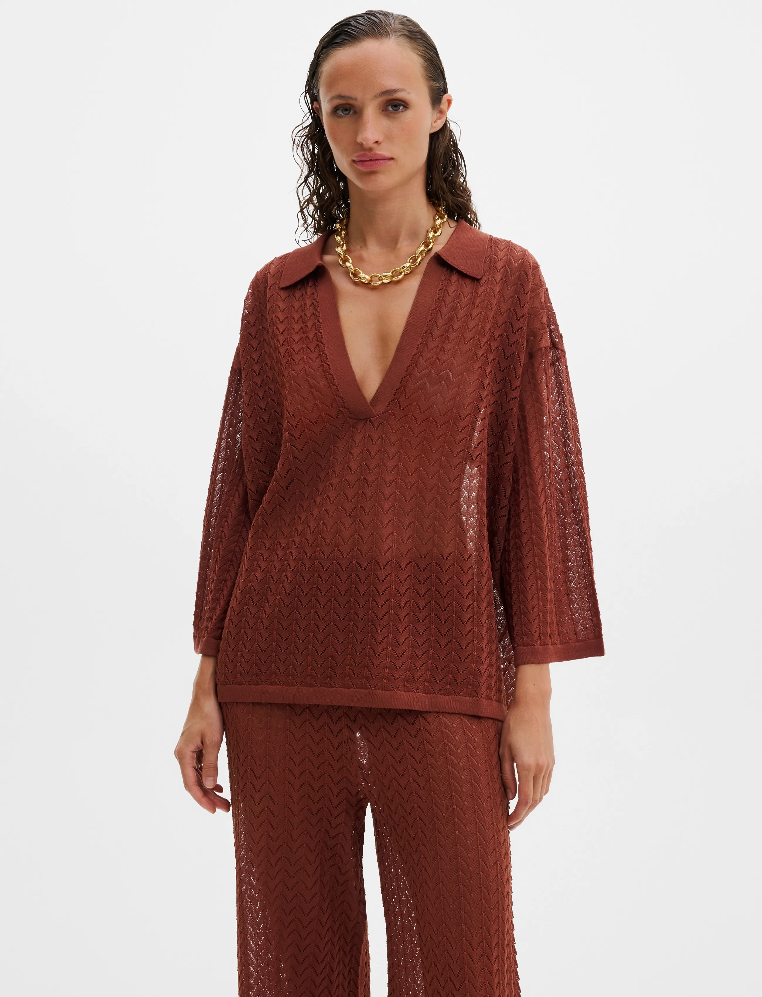 Malina - Imene Pointelle Knitted Polo Shirt - pullover - rust - 0