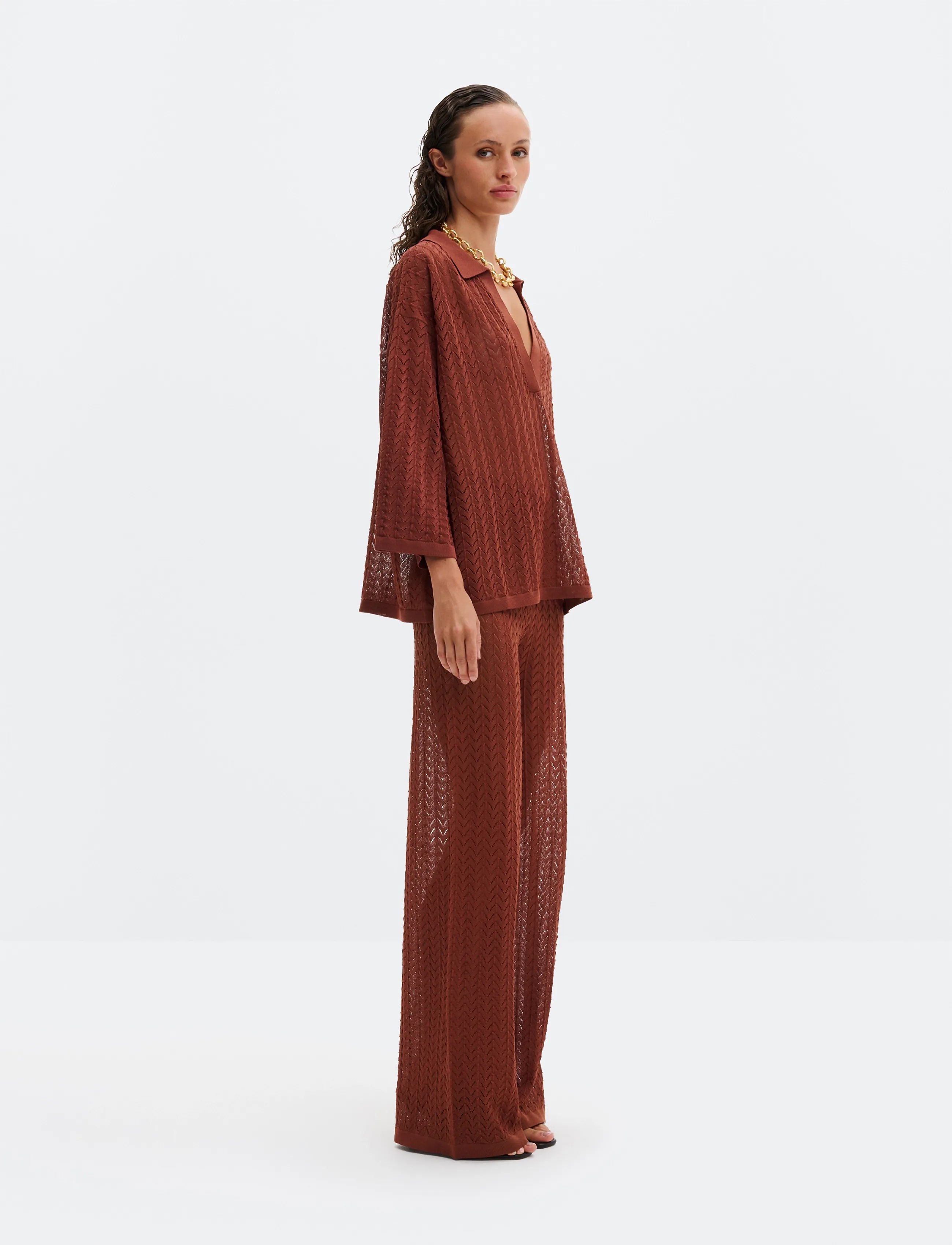 Malina - Imene Pointelle Knitted Polo Shirt - pullover - rust - 5