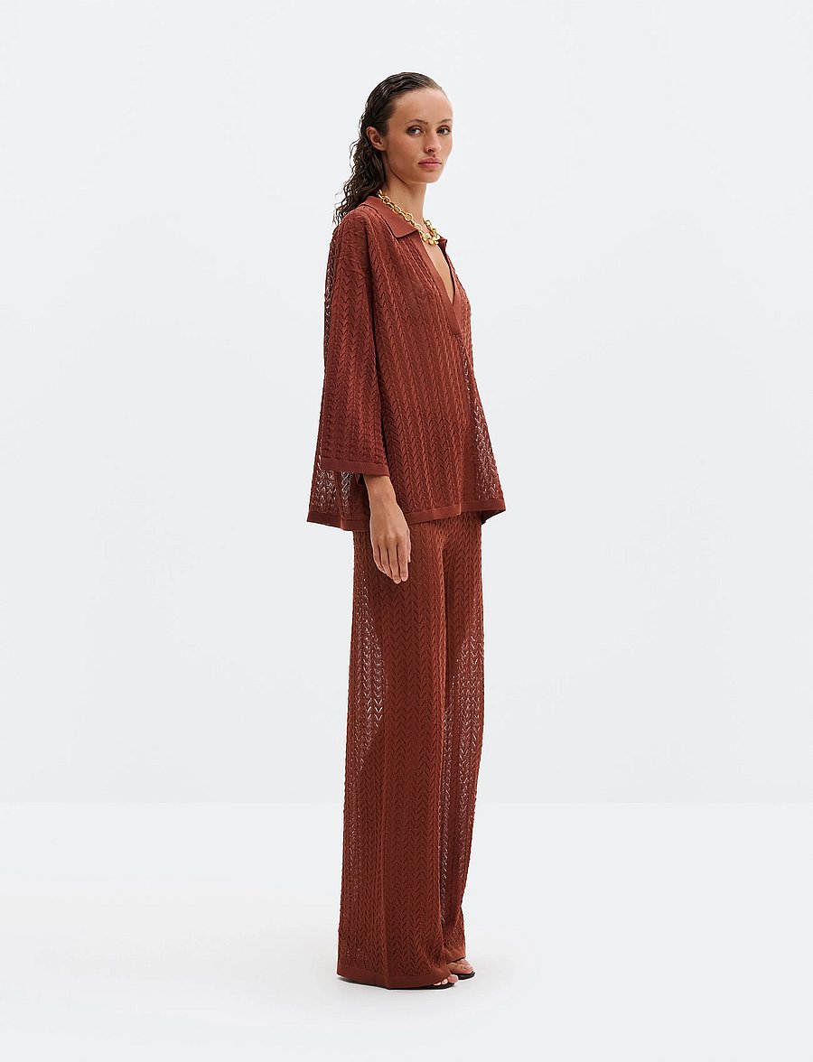 Malina - Imene Pointelle Knitted Polo Shirt - pullover - rust - 5