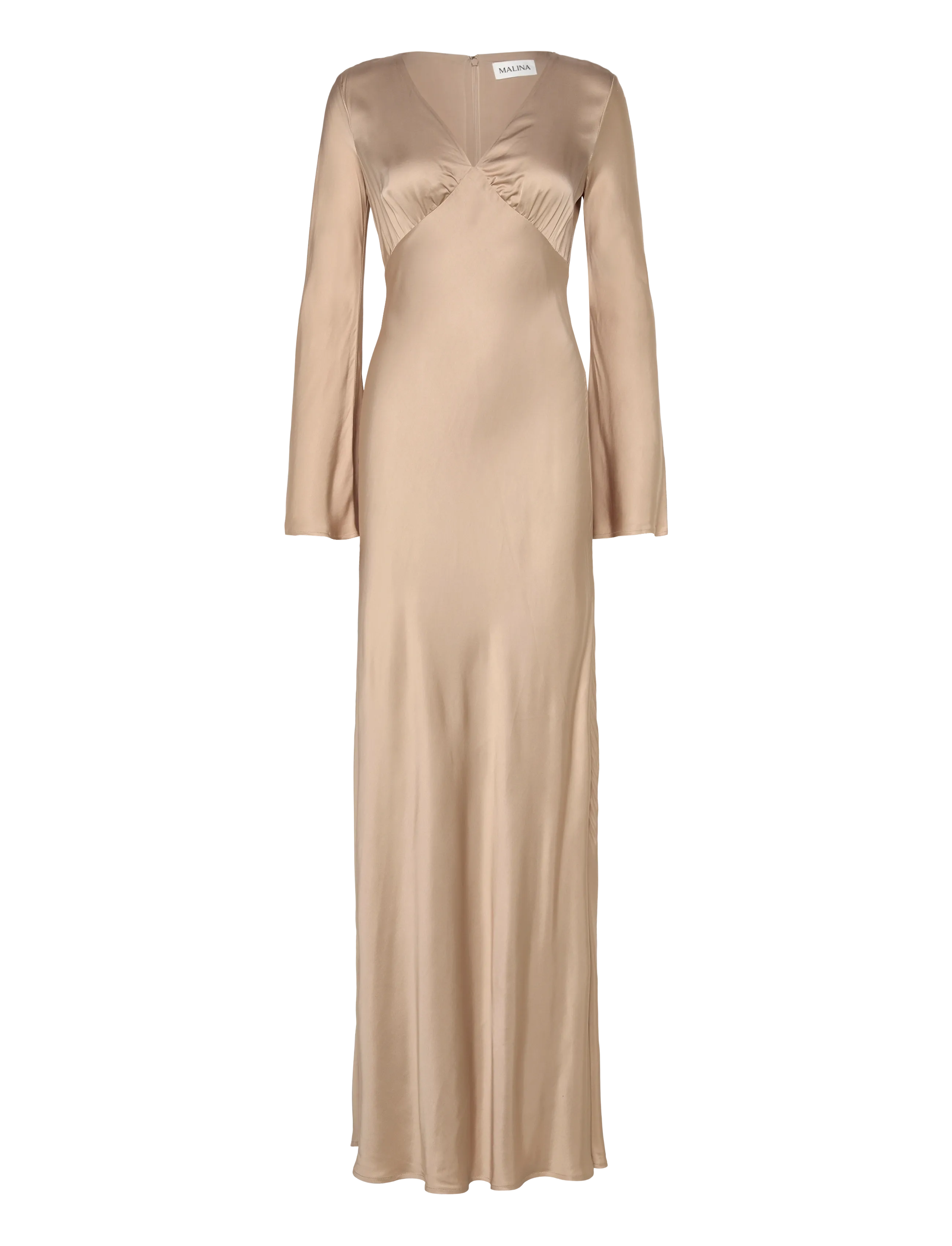 Malina Carolina Flared Sleeve Satin Maxi Dress - Clothing - CHAMPAGNE / beige