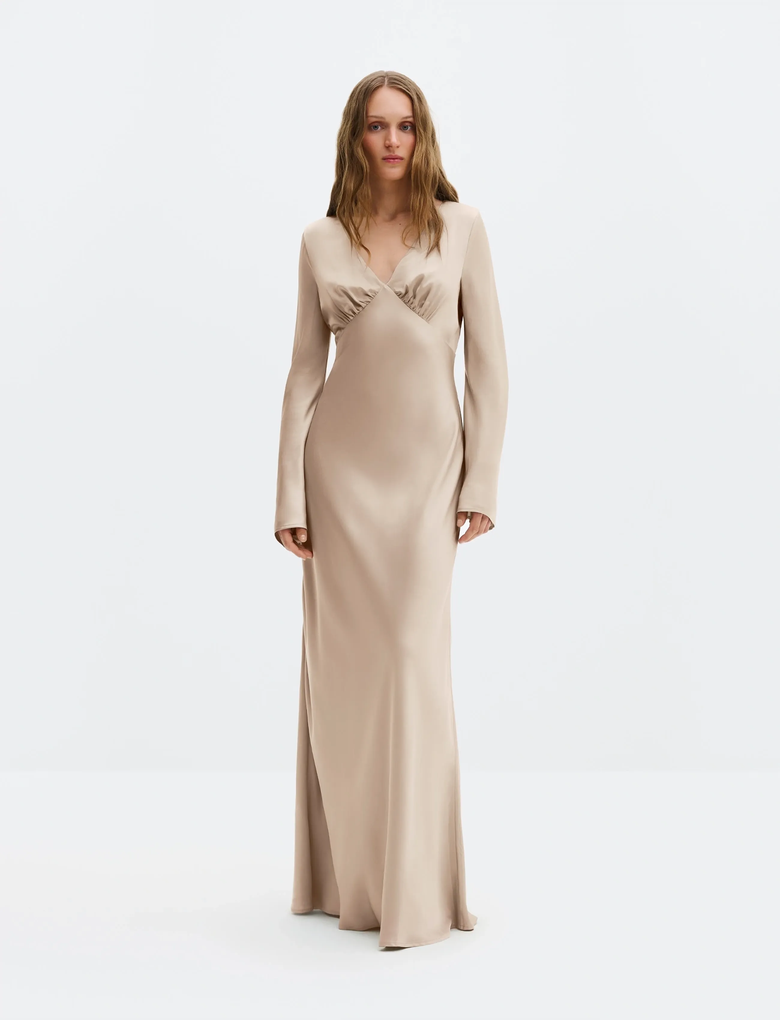 Malina Carolina Flared Sleeve Satin Maxi Dress - Evening Dresses - CHAMPAGNE / beige