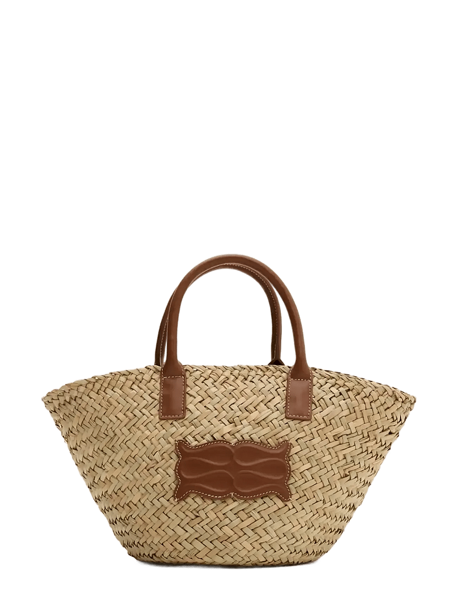 Malina - Small Leather Trimmed Monogram Straw Tote - tote bags - cognac - 1