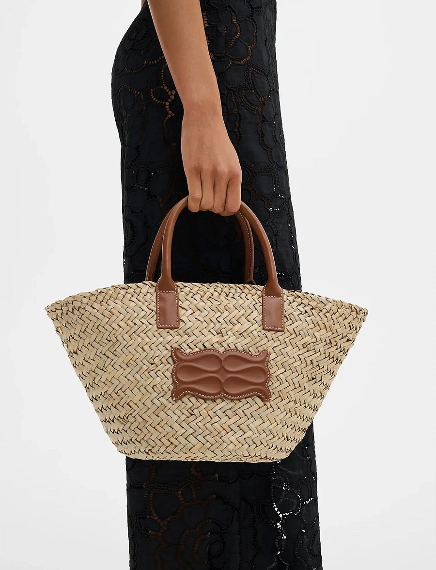 Malina - Small Leather Trimmed Monogram Straw Tote - tote bags - cognac - 0