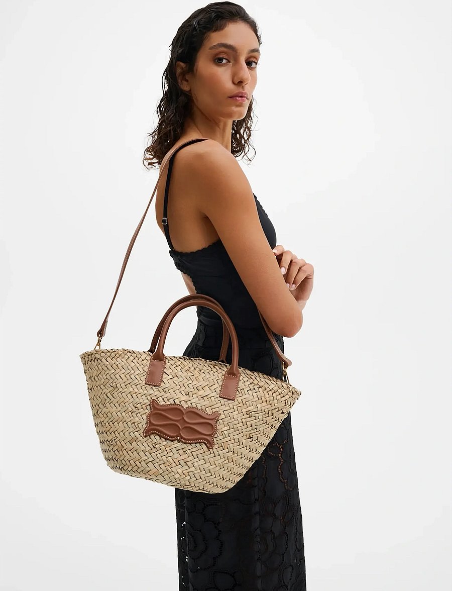 Malina - Small Leather Trimmed Monogram Straw Tote - tote bags - cognac - 4