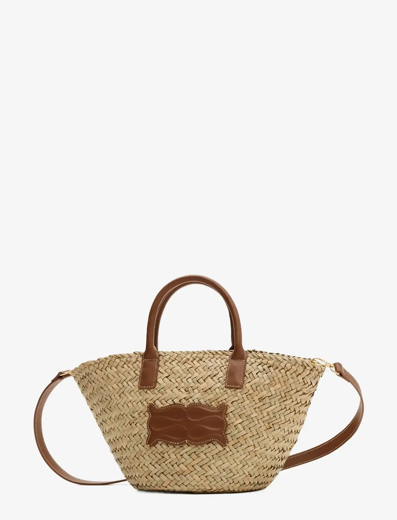 Malina - Small Leather Trimmed Monogram Straw Tote - tote bags - cognac - 3