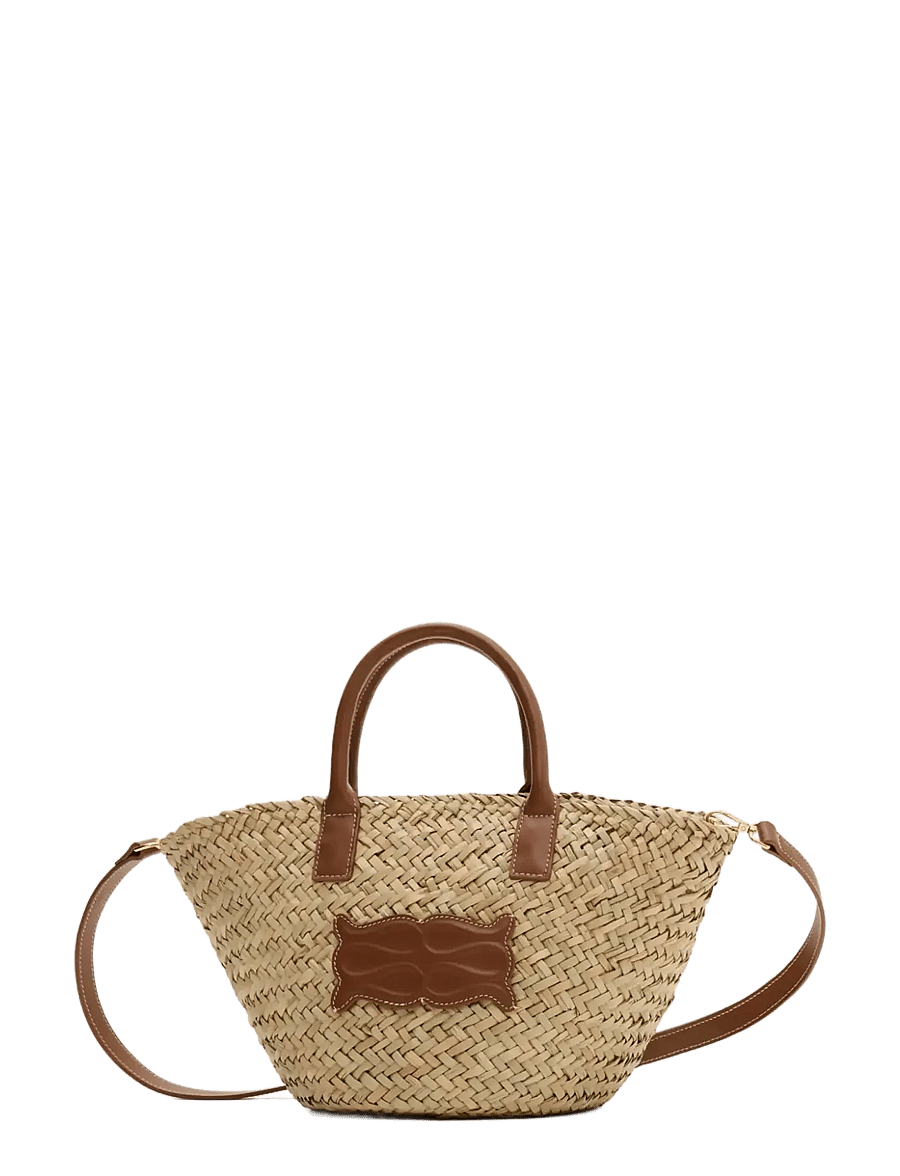 Malina - Small Leather Trimmed Monogram Straw Tote - tote bags - cognac - 3