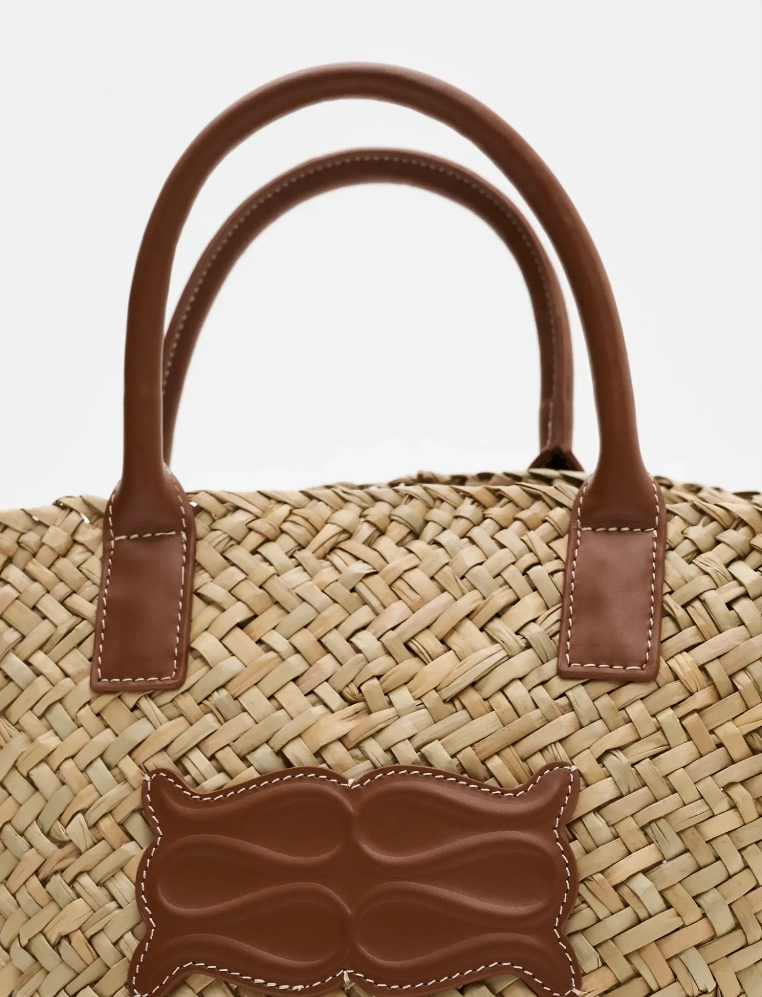 Malina - Small Leather Trimmed Monogram Straw Tote - tote bags - cognac - 5