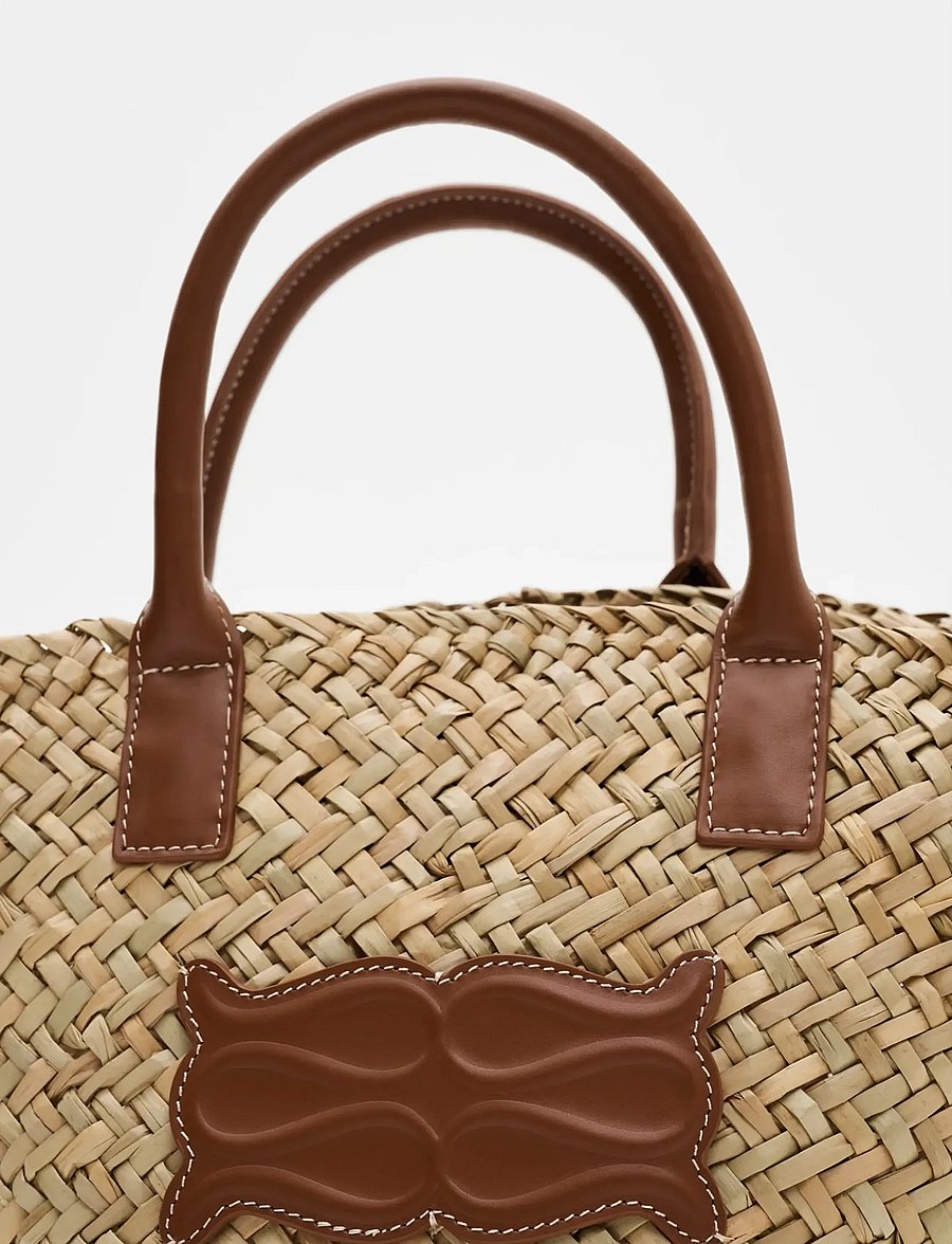 Malina - Small Leather Trimmed Monogram Straw Tote - tote bags - cognac - 5