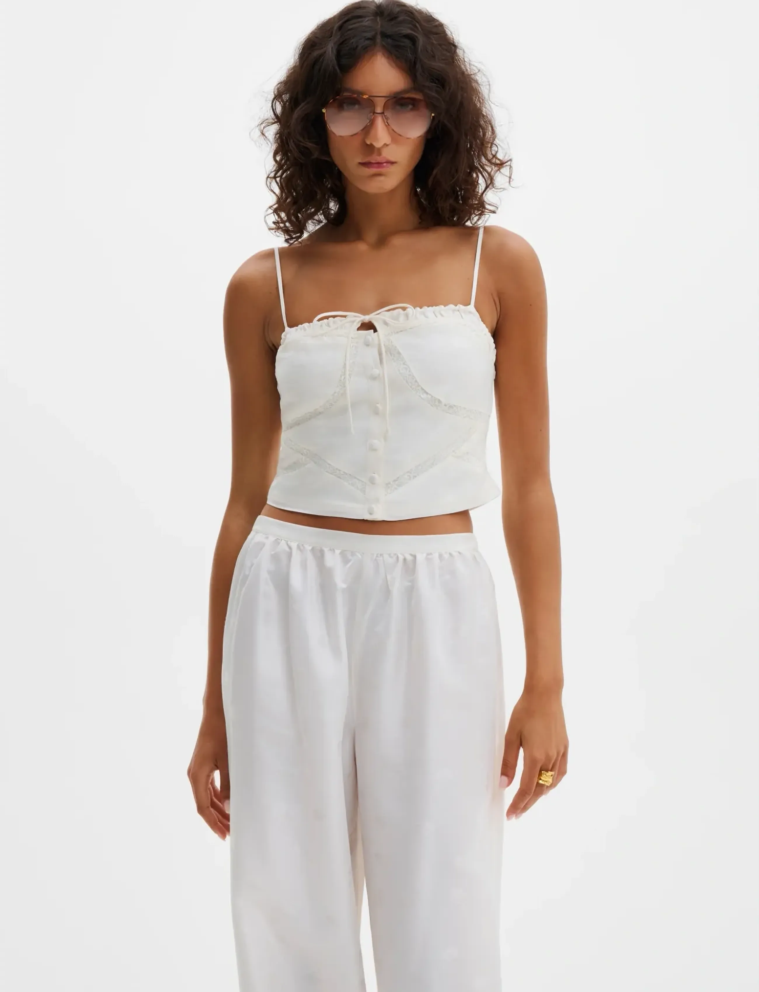 Malina Milla Lace Trimmed Jacquard Top - Crop tops - VANILLA / cream