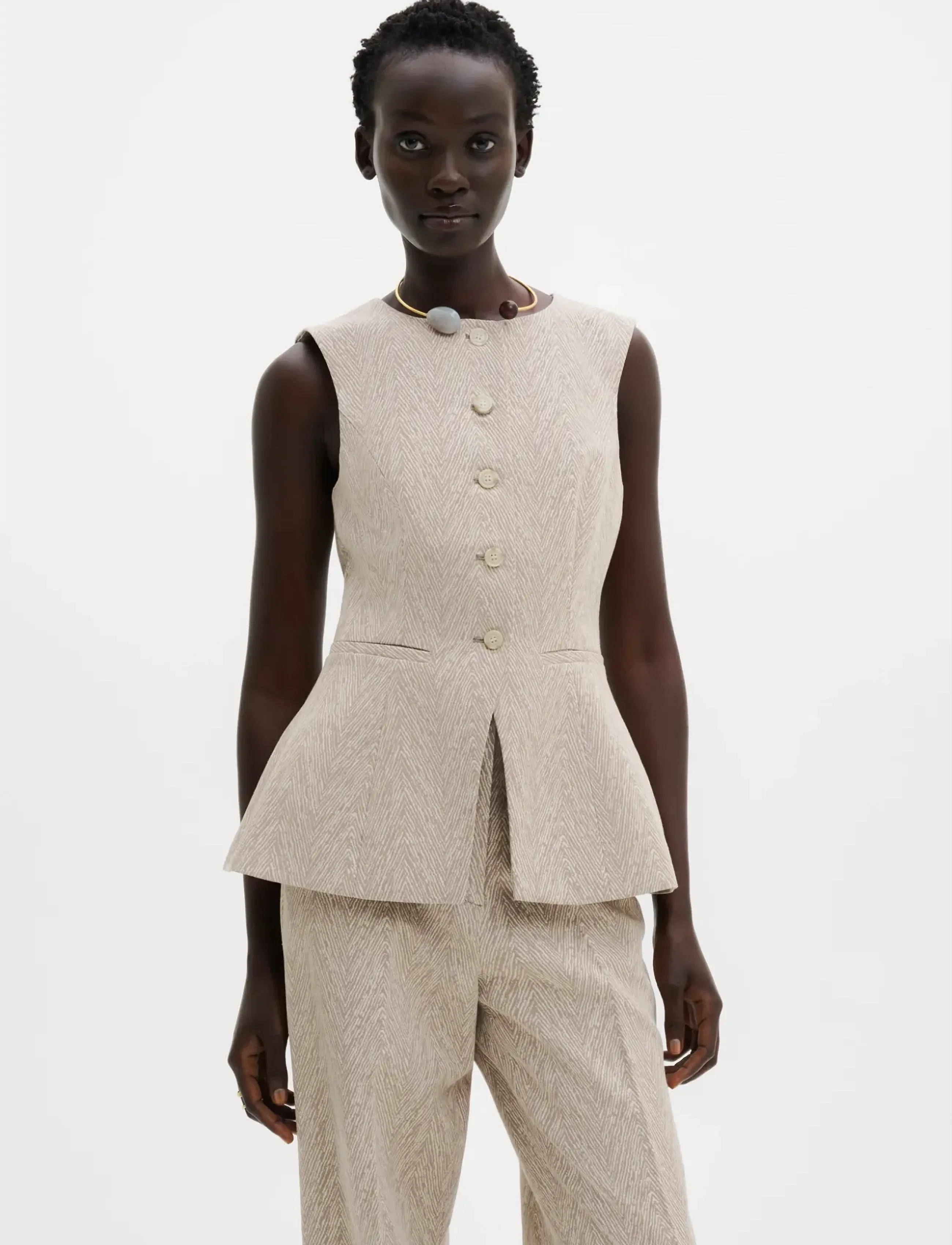 Malina Cim Peplum Jacquard Vest - Malina - FISHBONE TAUPE / beige