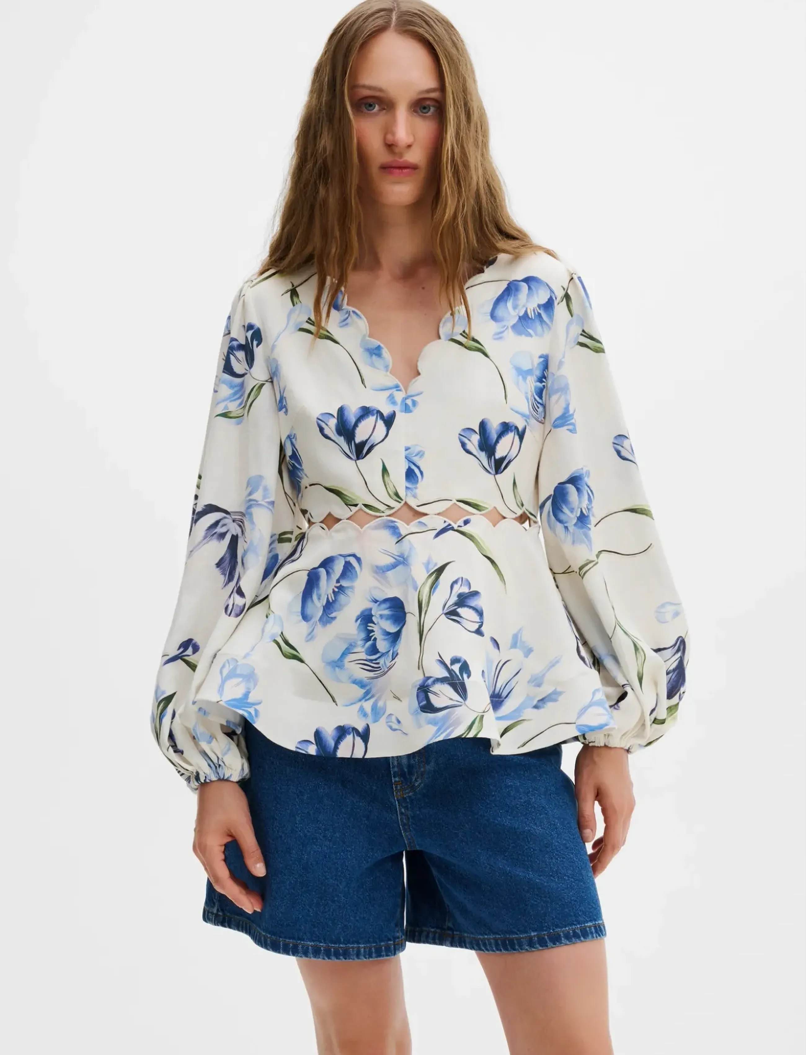 Malina Maya Scalloped Balloon Sleeve Blouse, 34, Blouses, Blau - Long-sleeved, Frauen