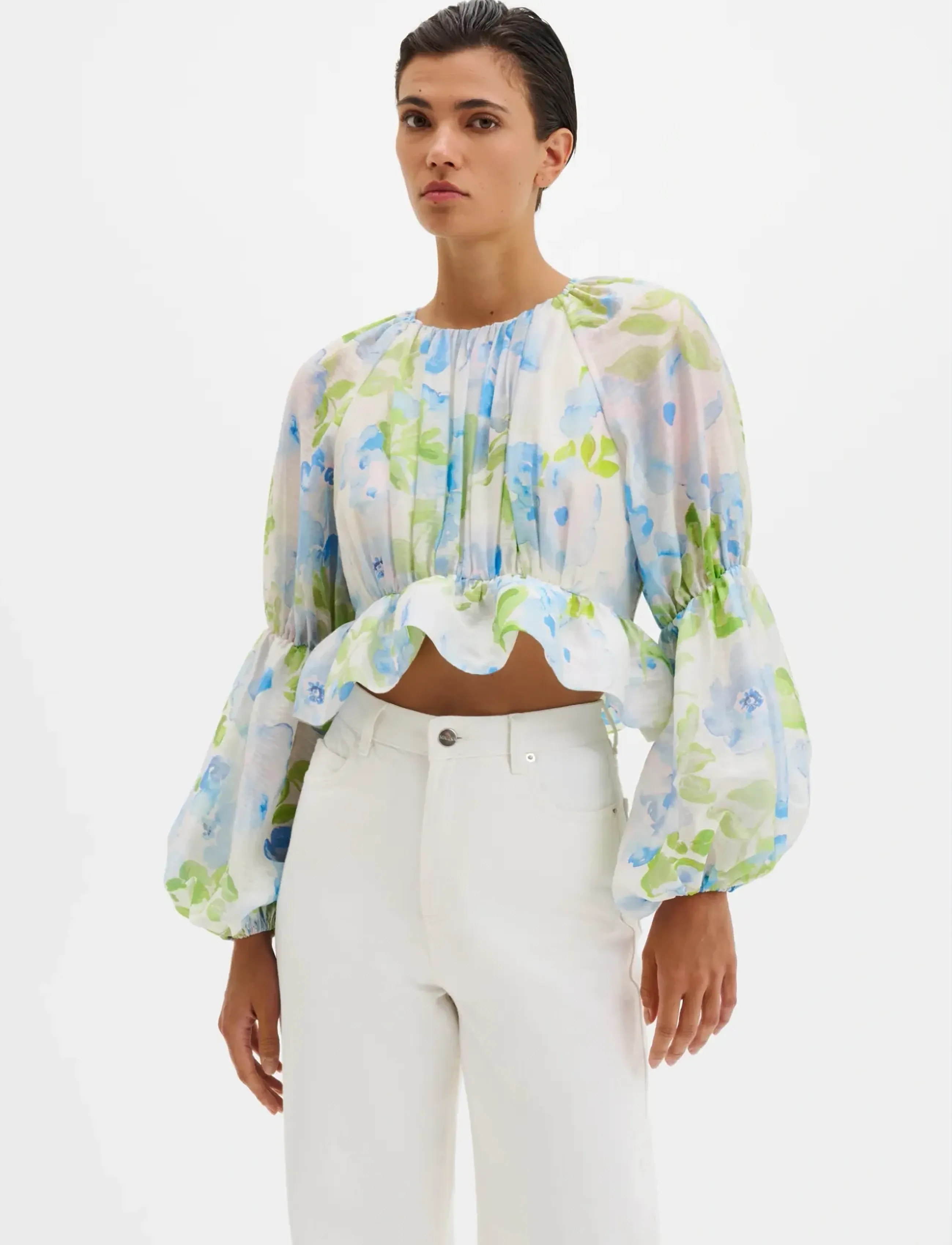 Malina Elliana Ruffled Long Sleeve Blouse, Kvinder, Flæset Ballonærme Bluse, Grøn, Str: 40