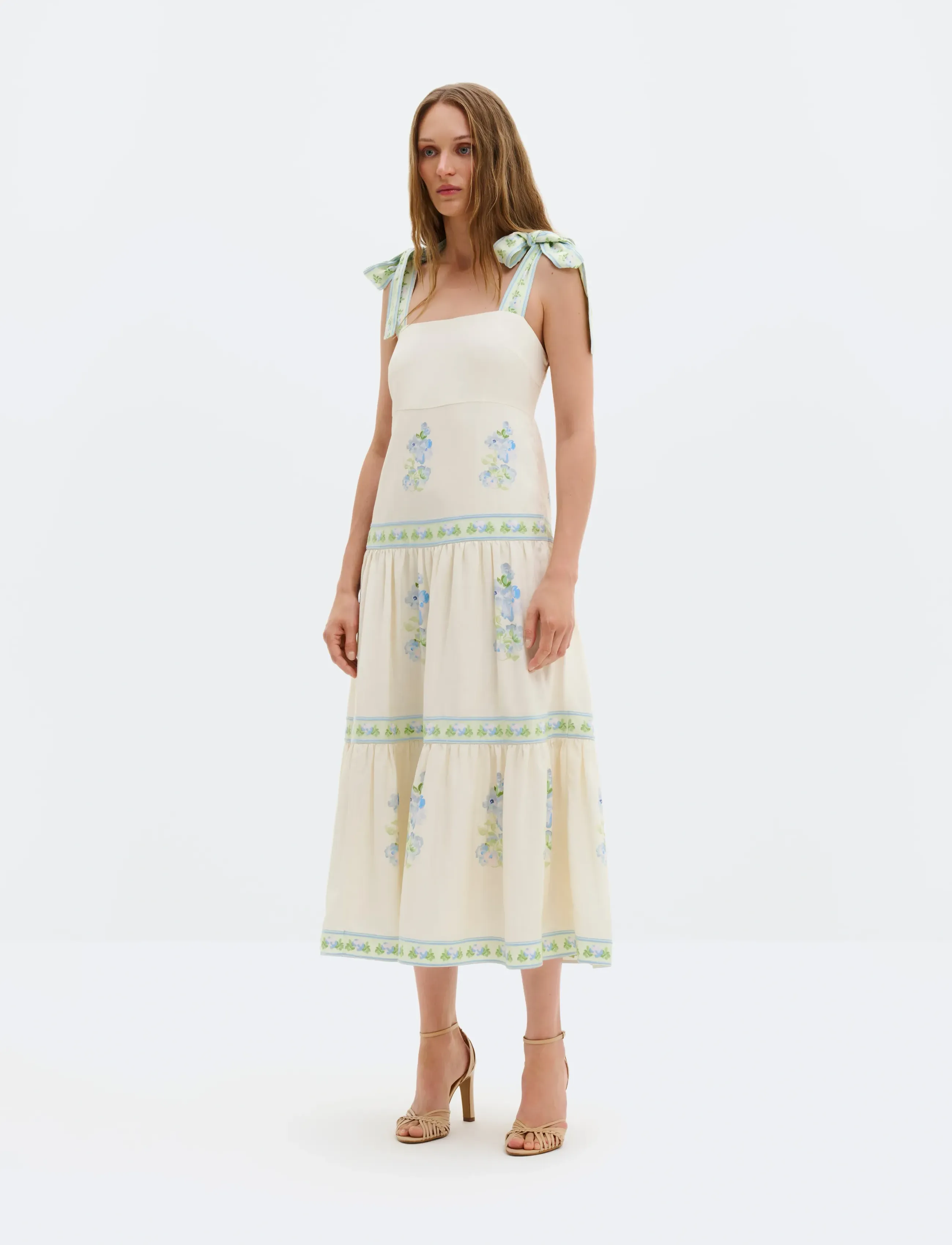 Malina Stefania Tie Strap Embroidered Midi Dress - Kleider - PASTEL FLORAL VANILLA / cream