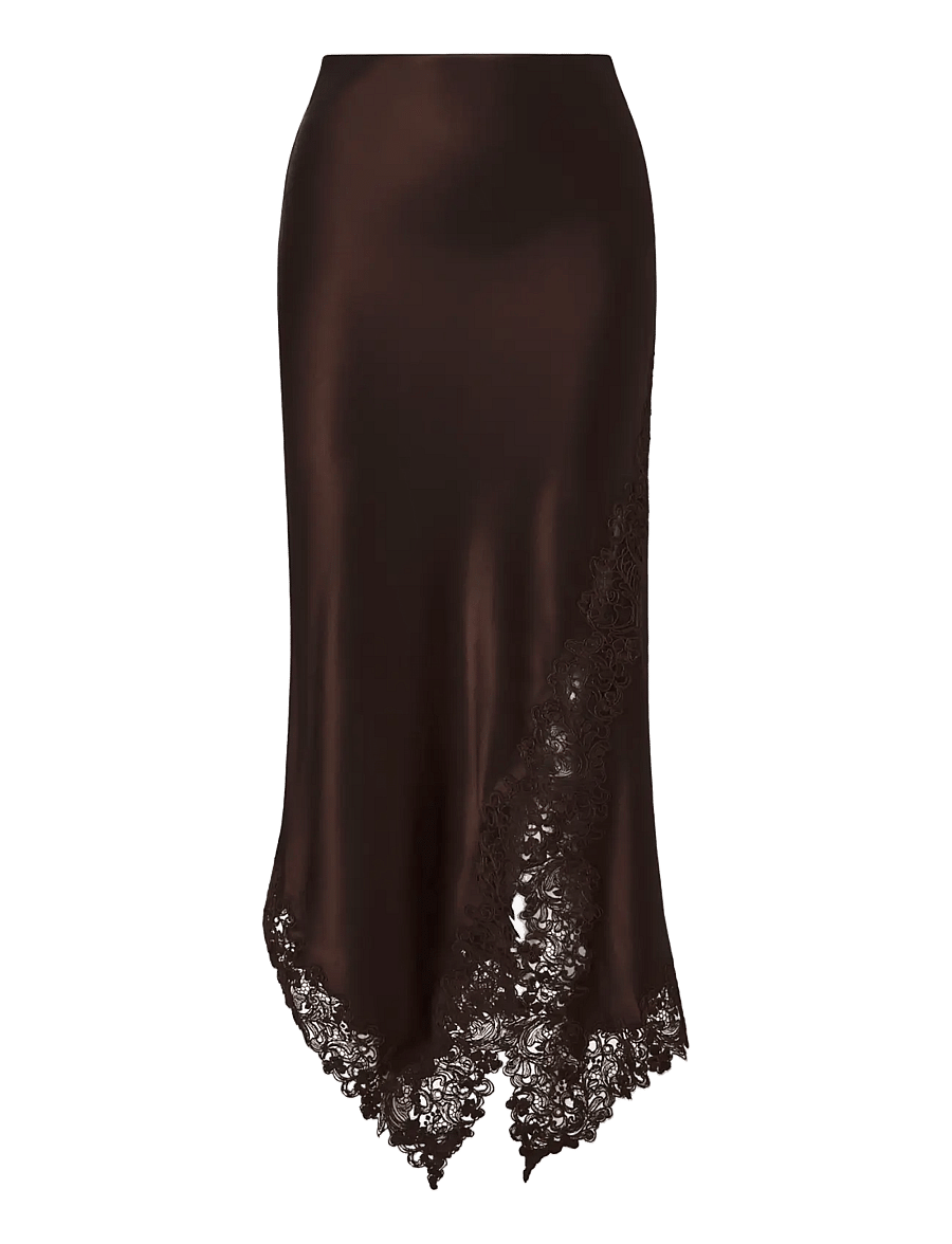 Malina - Heylin Asymmetric Lace Hem Midi Skirt - satinkjolar - dark brown - 1