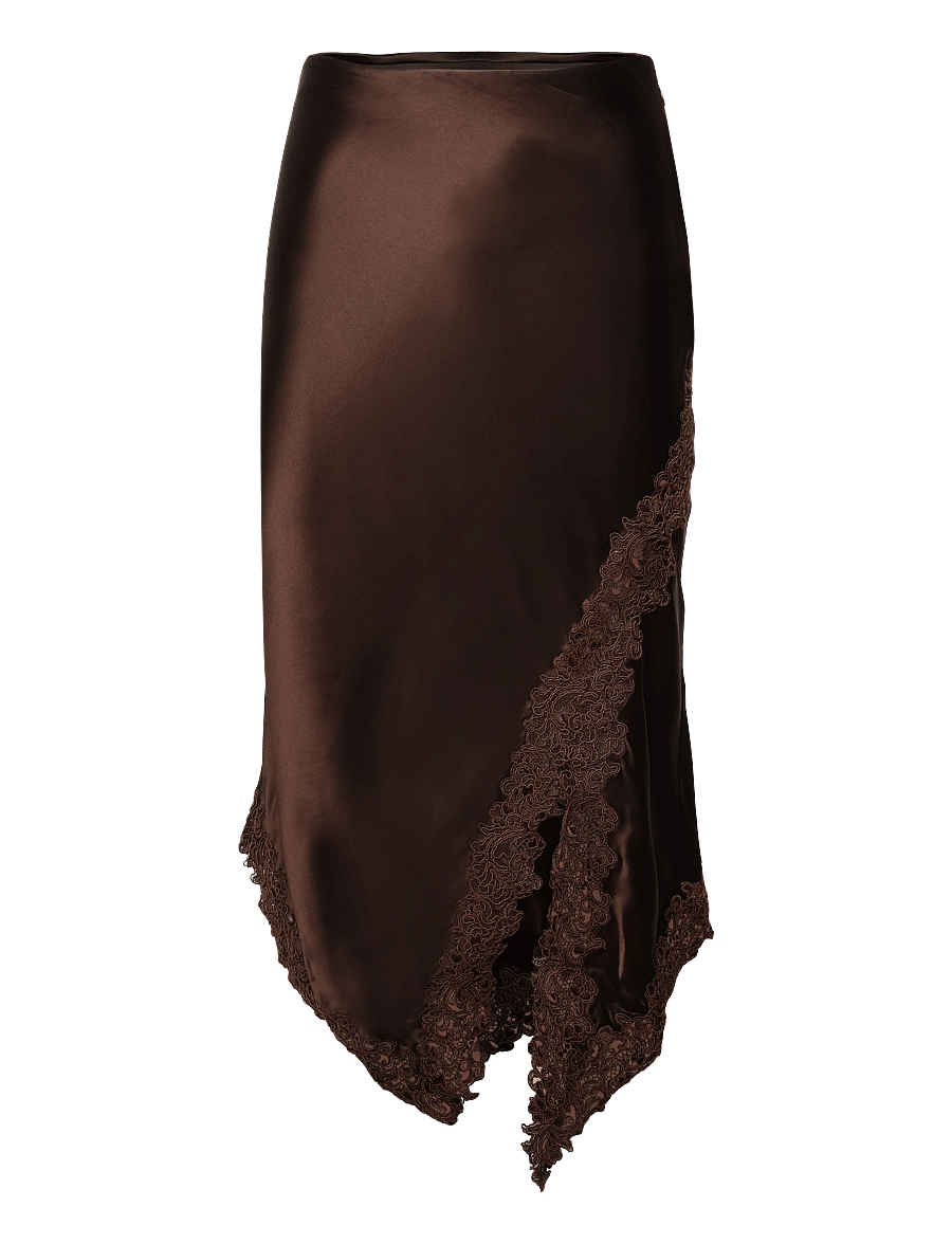 Malina - Heylin Asymmetric Lace Hem Midi Skirt - satinröcke - dark brown - 1