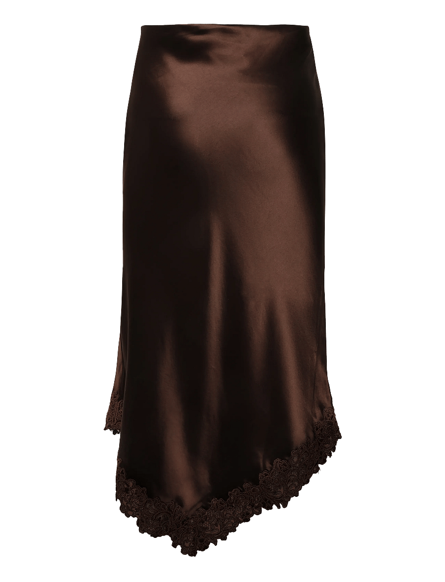 Malina - Heylin Asymmetric Lace Hem Midi Skirt - satinröcke - dark brown - 2
