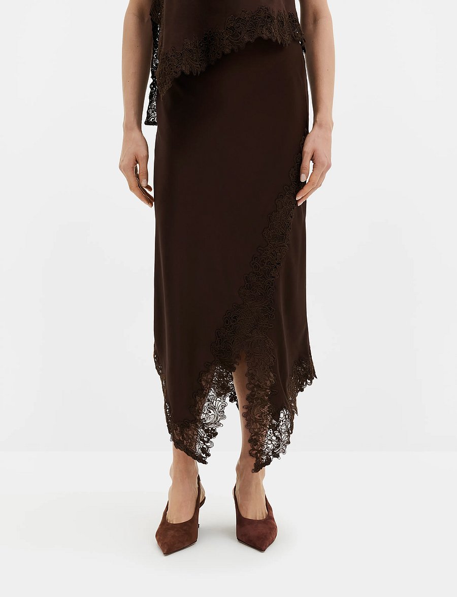 Malina - Heylin Asymmetric Lace Hem Midi Skirt - satinkjolar - dark brown - 0