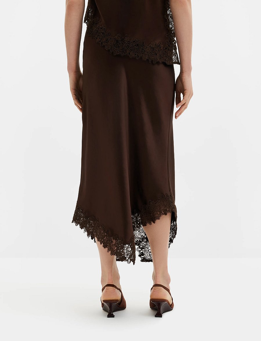 Malina - Heylin Asymmetric Lace Hem Midi Skirt - satinkjolar - dark brown - 2