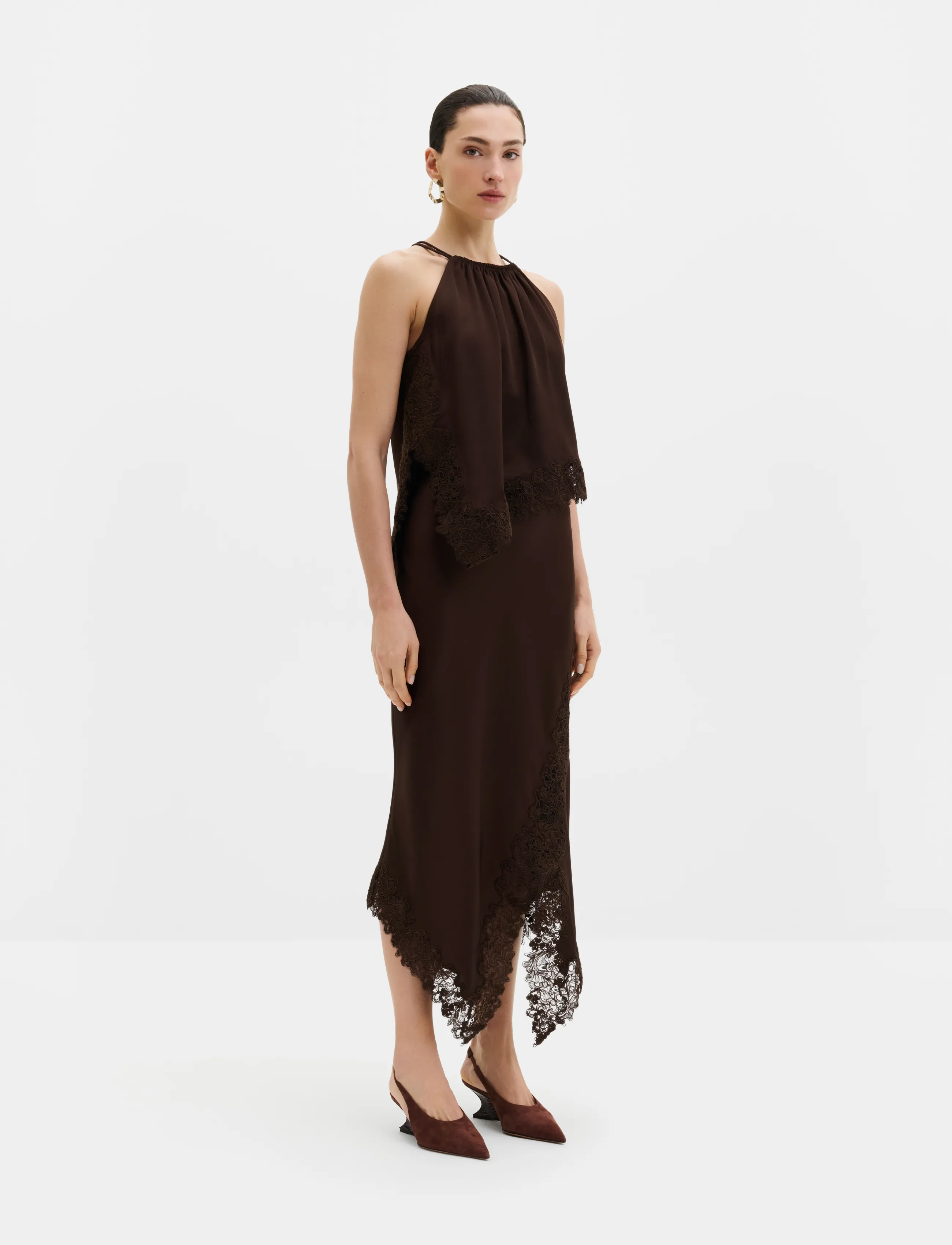 Malina - Heylin Asymmetric Lace Hem Midi Skirt - satinkjolar - dark brown - 4