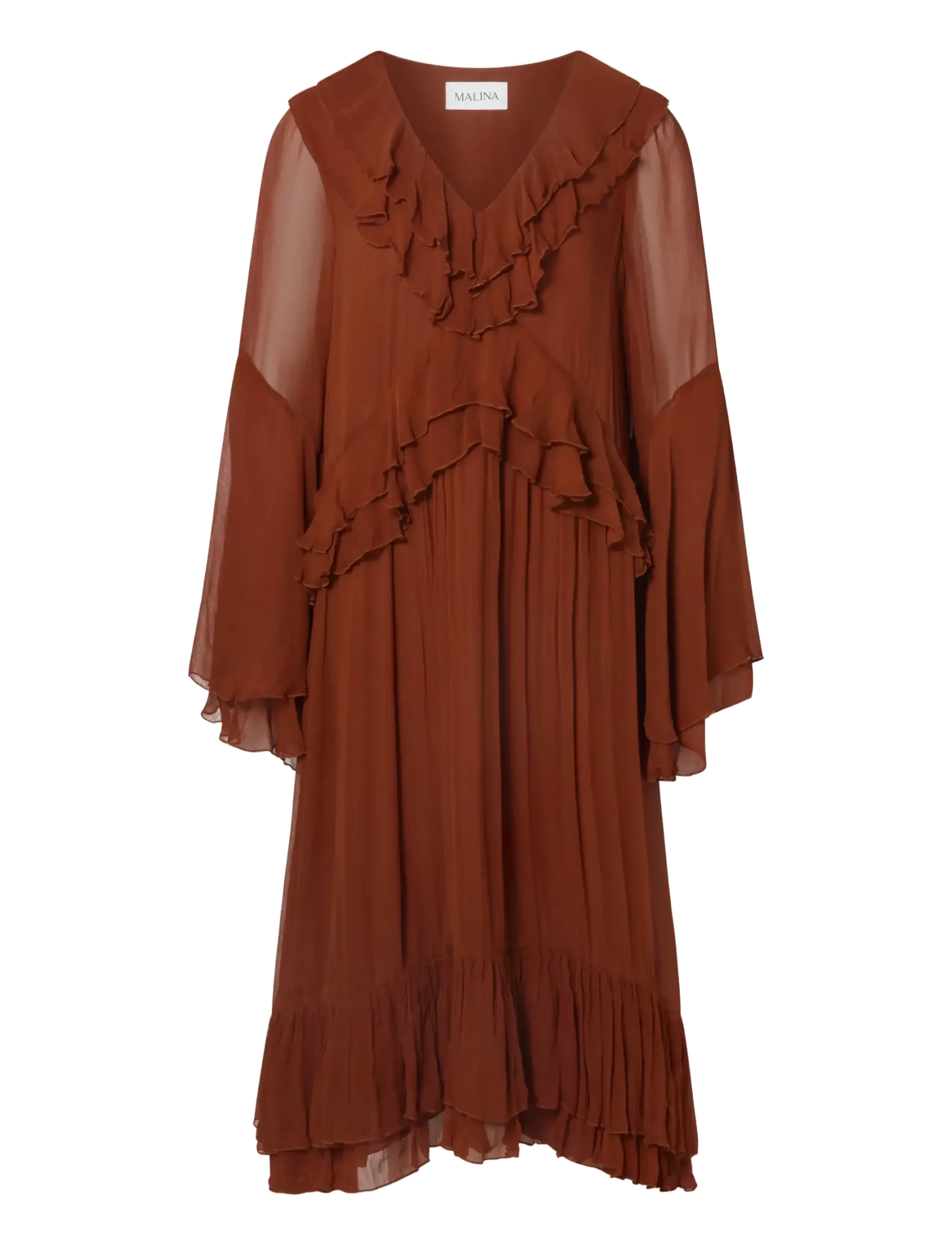 Wilhelmina Ruffled Chiffon Midi Dress - RUST