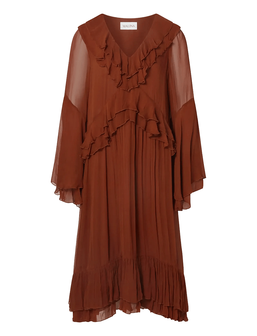 Malina - Wilhelmina Ruffled Chiffon Midi Dress - vidutinio ilgio suknelės - rust - 1