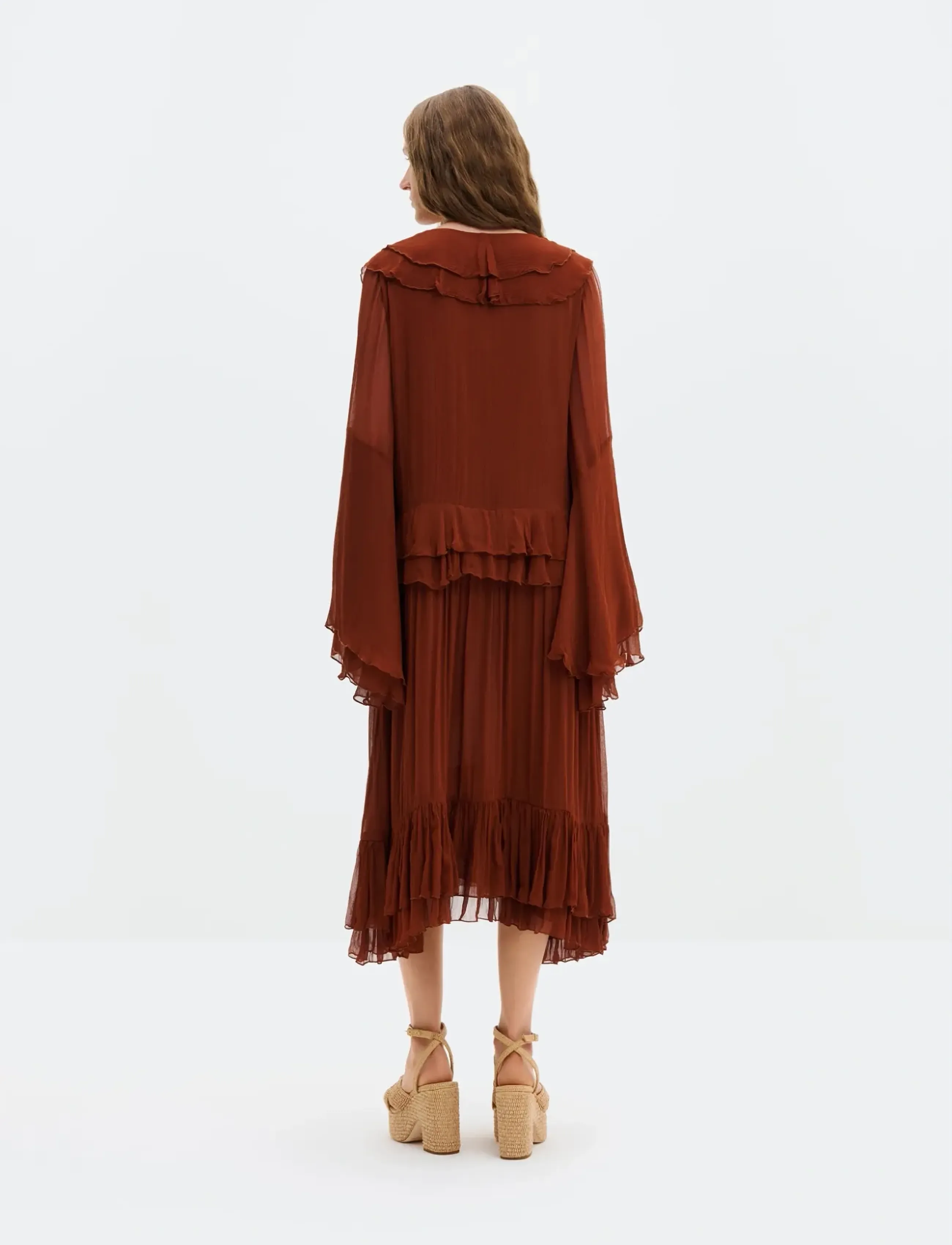 Malina - Wilhelmina Ruffled Chiffon Midi Dress - midi garuma kleitas - rust - 2