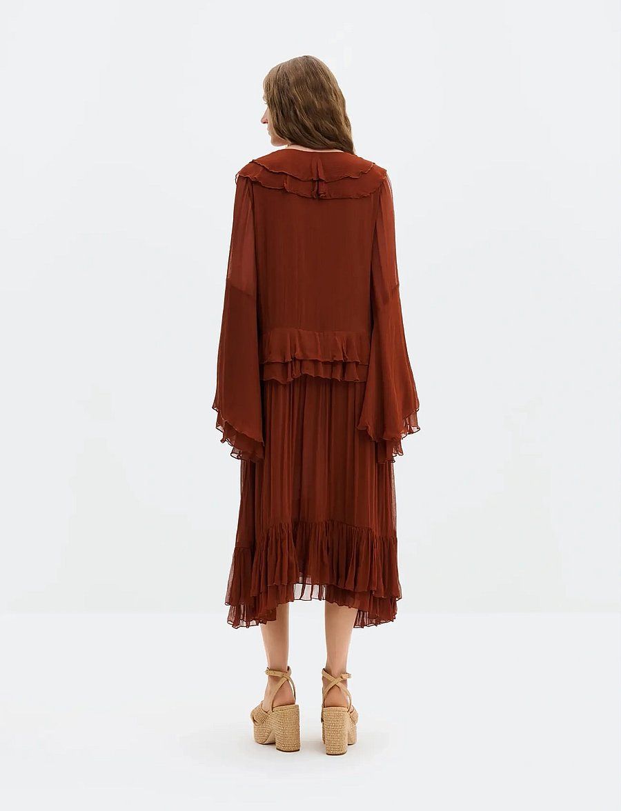 Malina - Wilhelmina Ruffled Chiffon Midi Dress - vidutinio ilgio suknelės - rust - 2