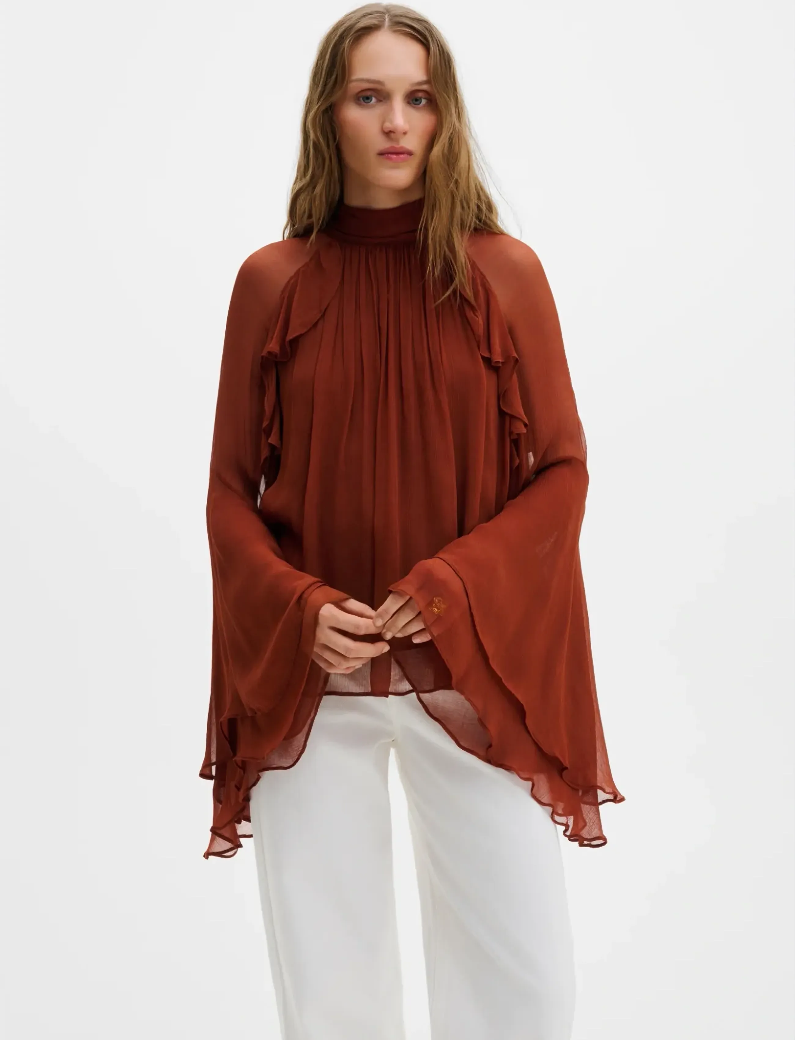 Malina Therese Tie Neck Ruffled Chiffon Blouse, 40, Blouses, Braun - Long-sleeved, Frauen