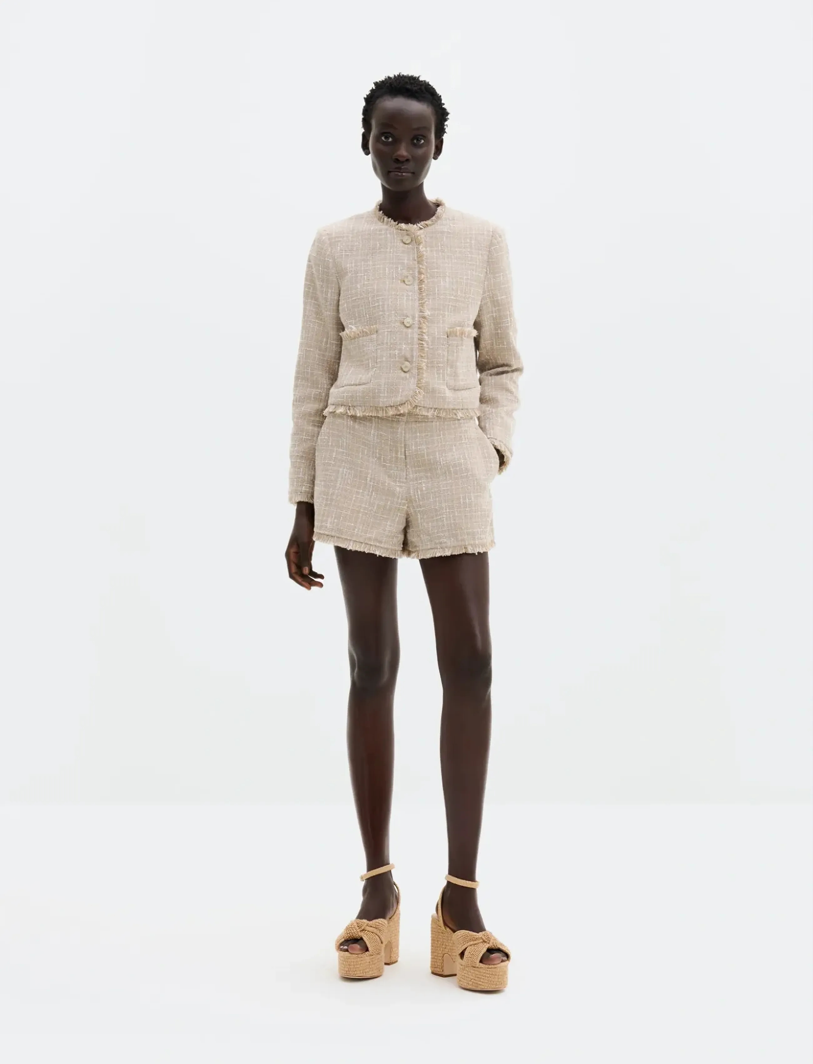 Malina - Fia Fringe Trimmed Boucle Jacket - kevadjoped - boucle beige - 3