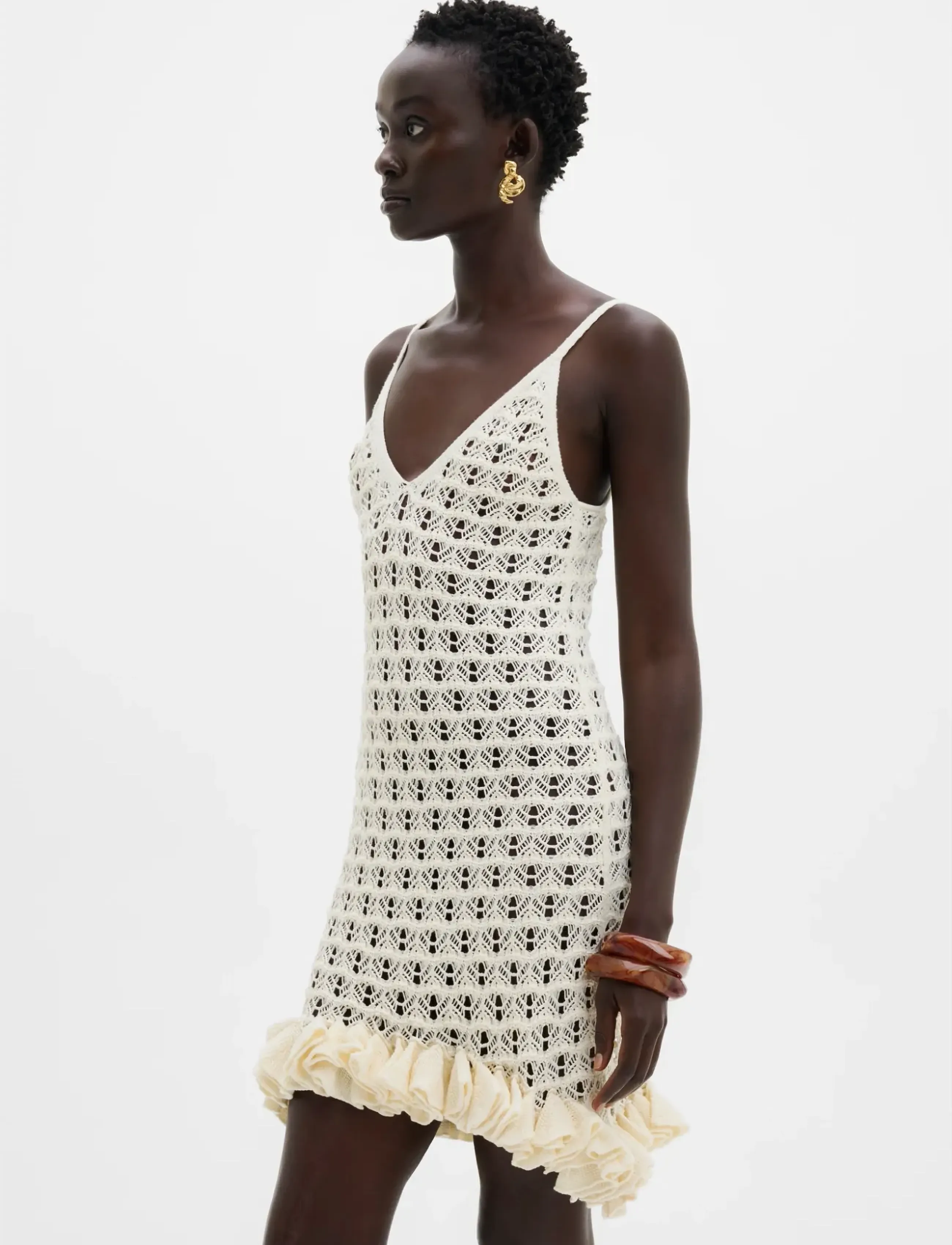 Malina Nelle Pointelle Ruffled Mini Dress, Kvinder, Pointelle Flæse Mini Kjole, Cream, Str: XS