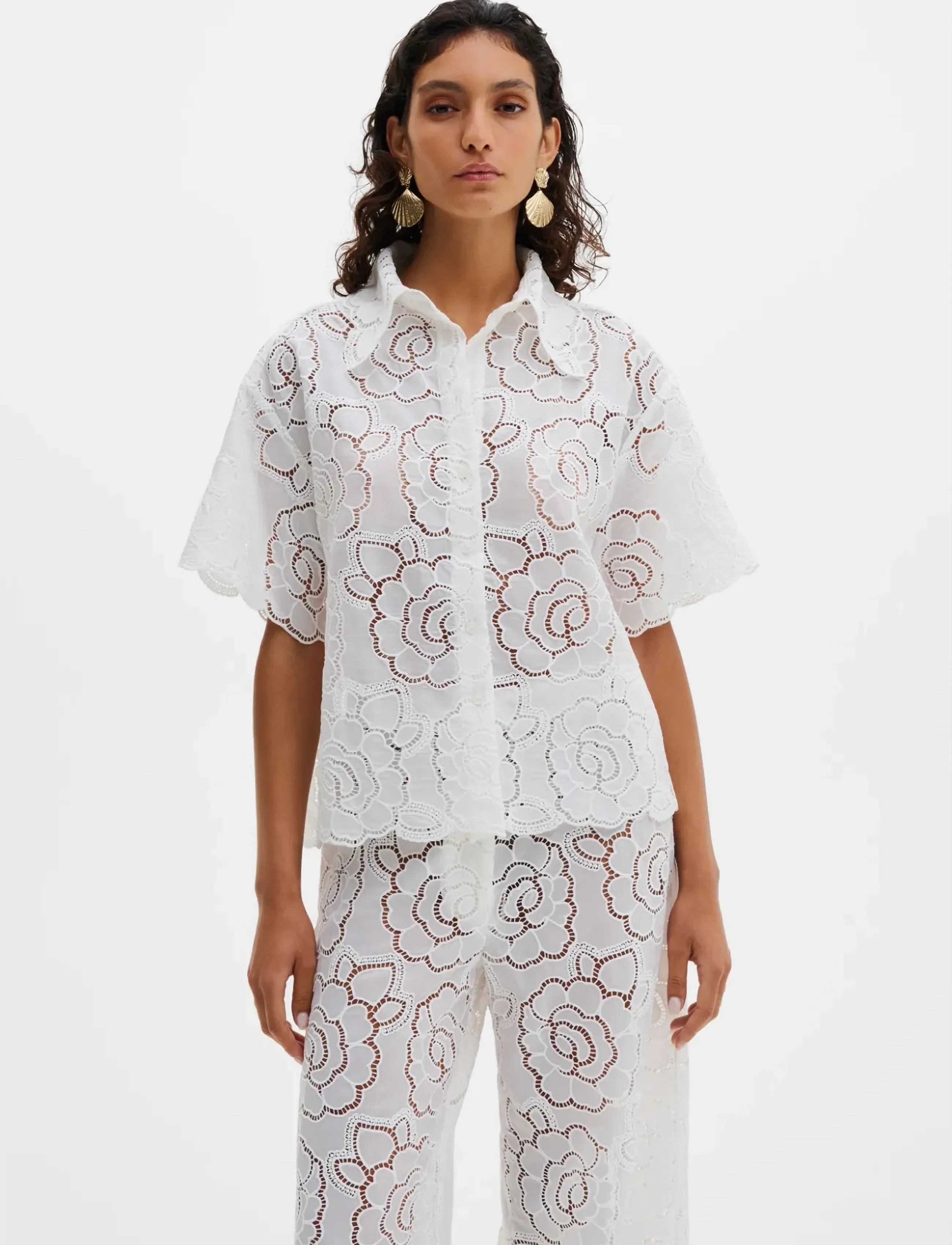 Malina Claudia Short Sleeve Lace Shirt, 38, White, Skjorter > Kortærmede, Dame