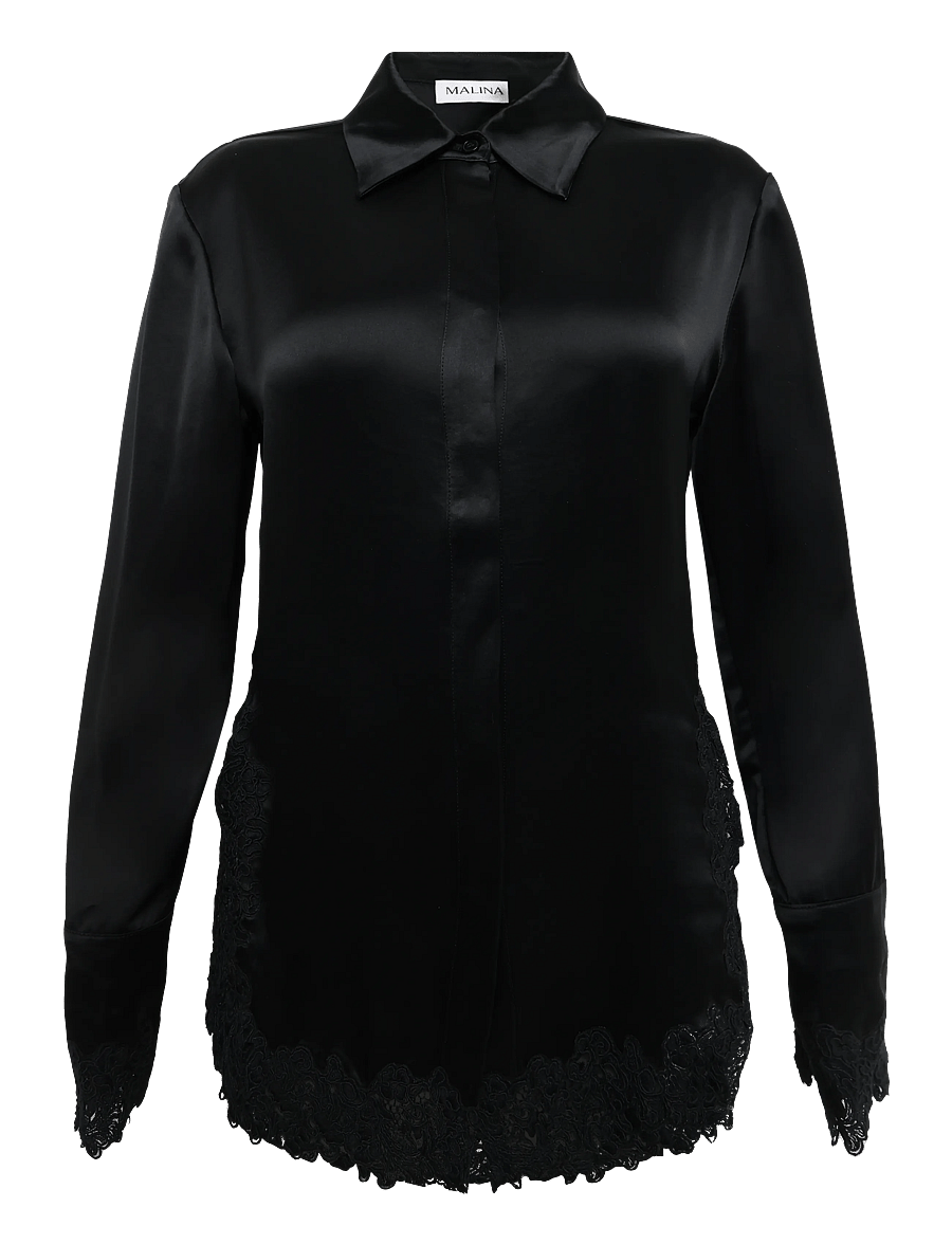 Malina - Malou Satin Lace Hem Shirt - langärmlige hemden - black - 1
